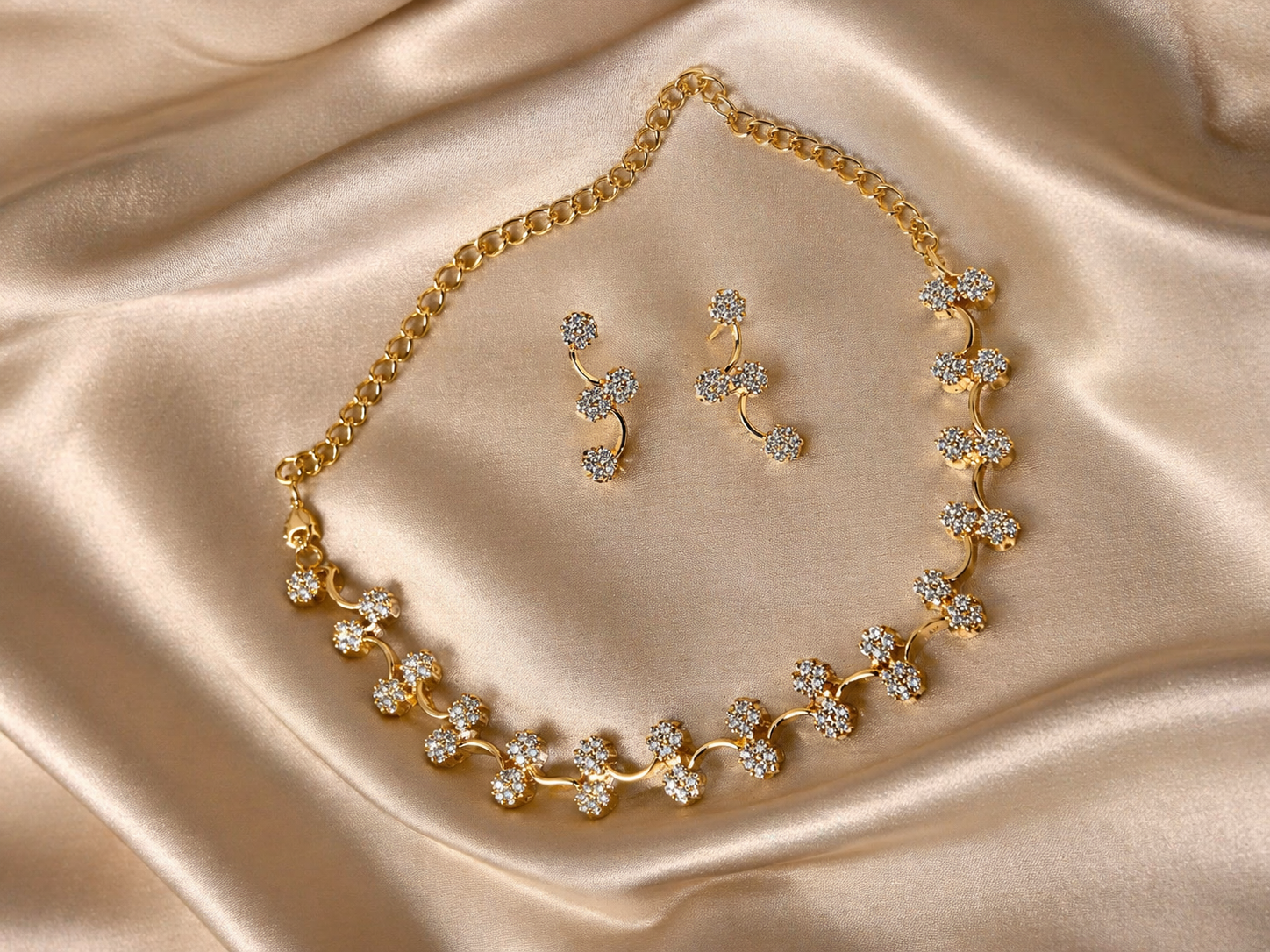 Elegant Gold Plated CZ Diamond Floral Necklace & Earring Set