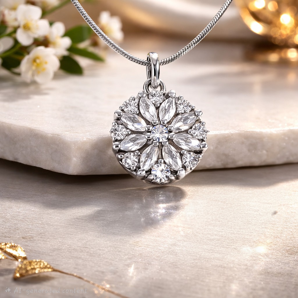CZ Diamond Flower Pendant with Solitaire studs