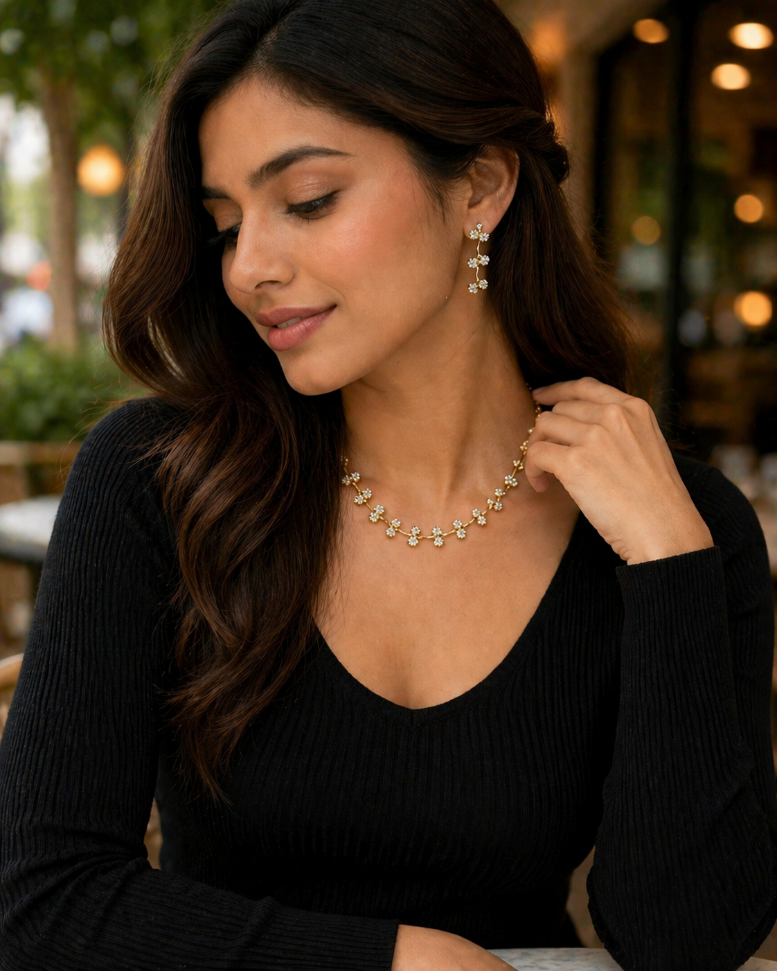 Elegant Gold Plated CZ Diamond Floral Necklace & Earring Set