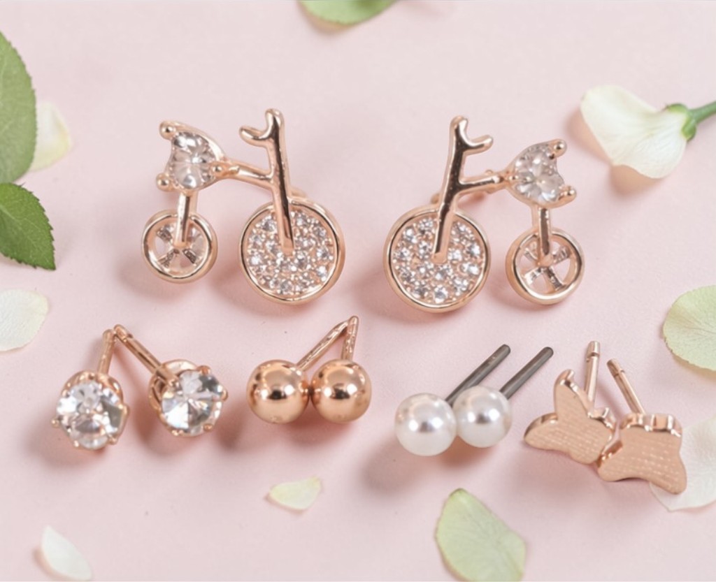 Rose Gold CZ Diamond, Pearl & Designer Stud Combo