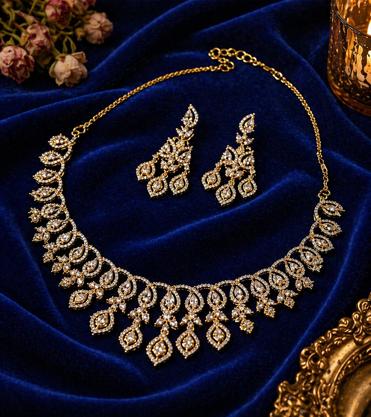 Gold Plated Leaf CZ Diamond Necklace & Earring Set