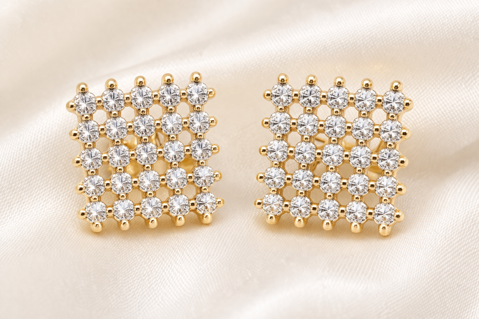Gold Plated CZ Diamond Square Stud Earrings