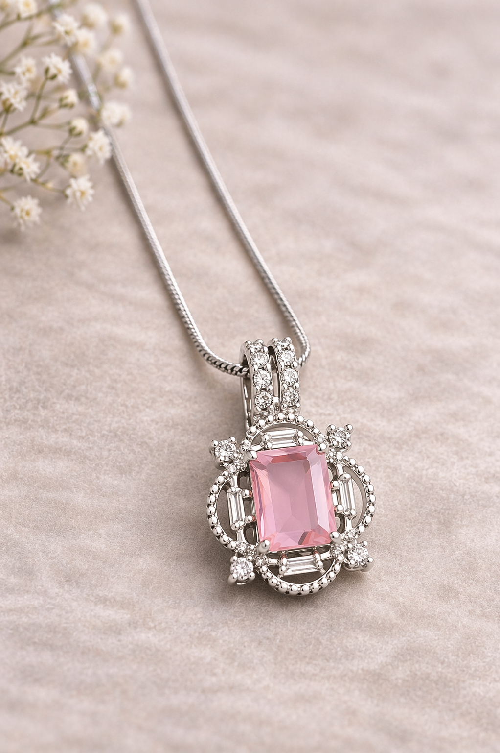 Silver Tone CZ Diamond Pink Stone Vintage Pendant
