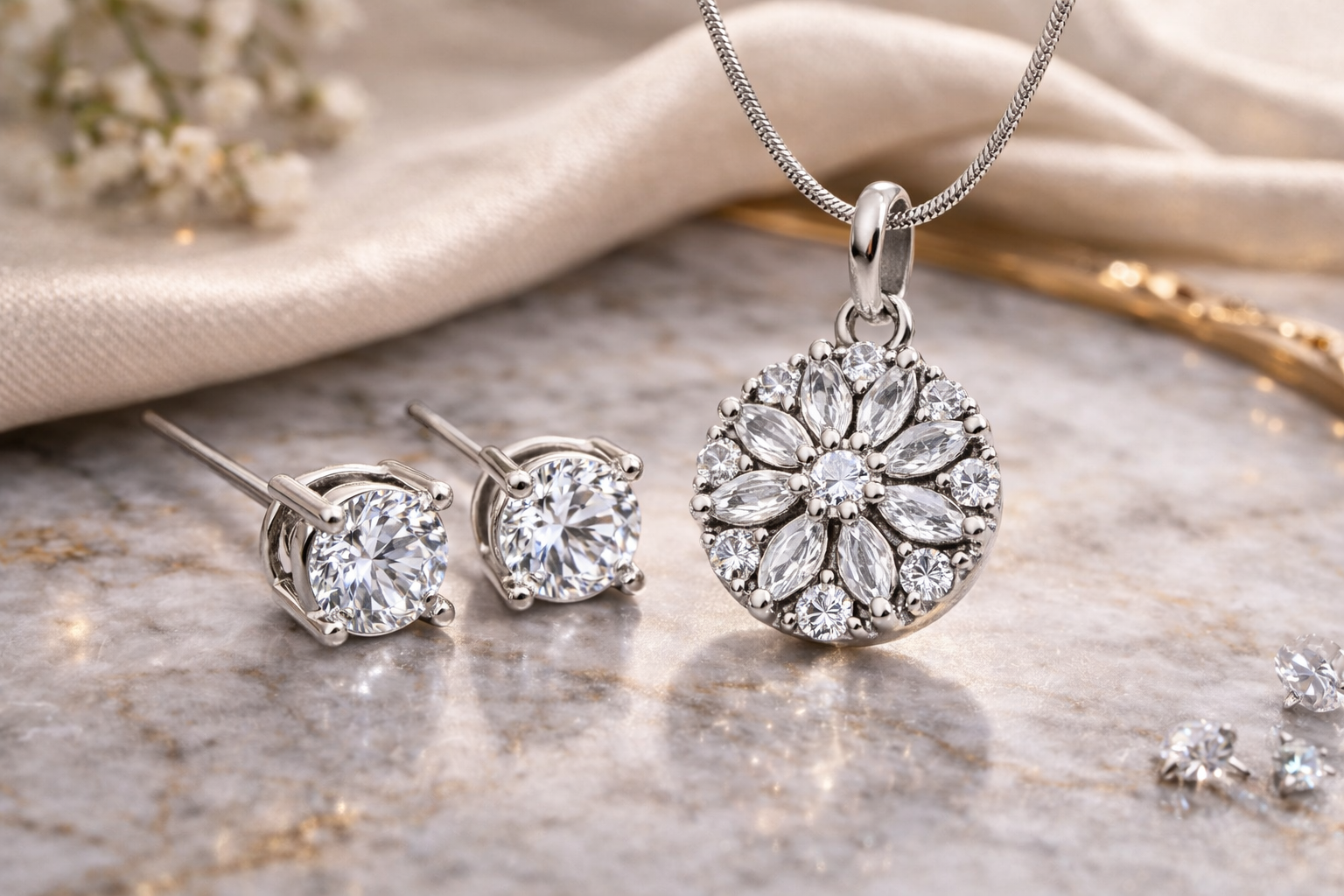CZ Diamond Flower Pendant with Solitaire studs