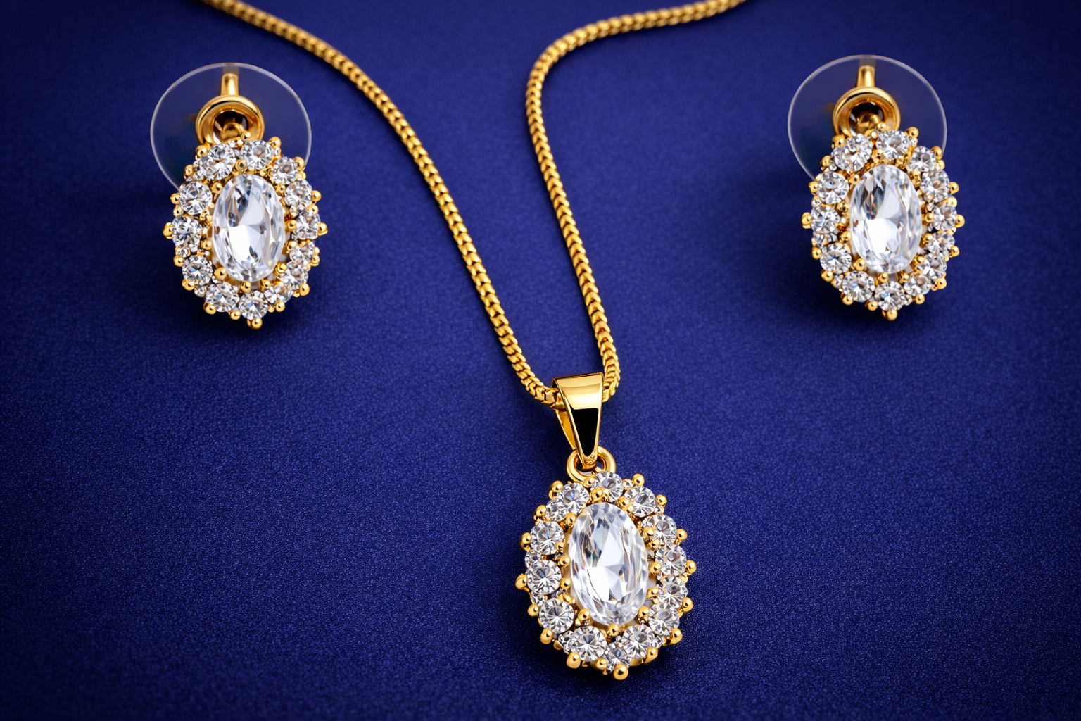 Gold Plated Oval CZ Diamond Crystal Jewelry Set