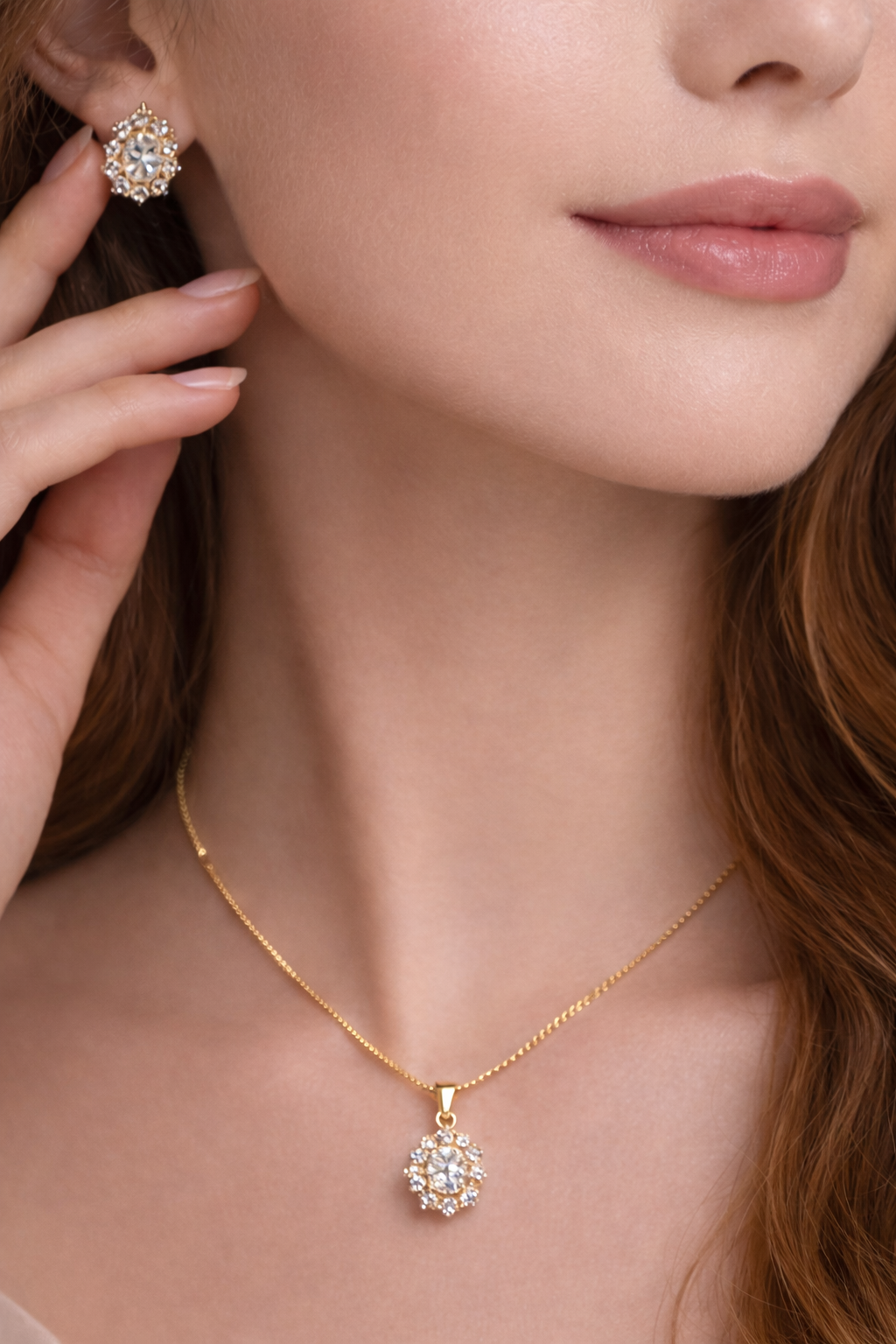 Gold Plated Oval CZ Diamond Crystal Jewelry Set