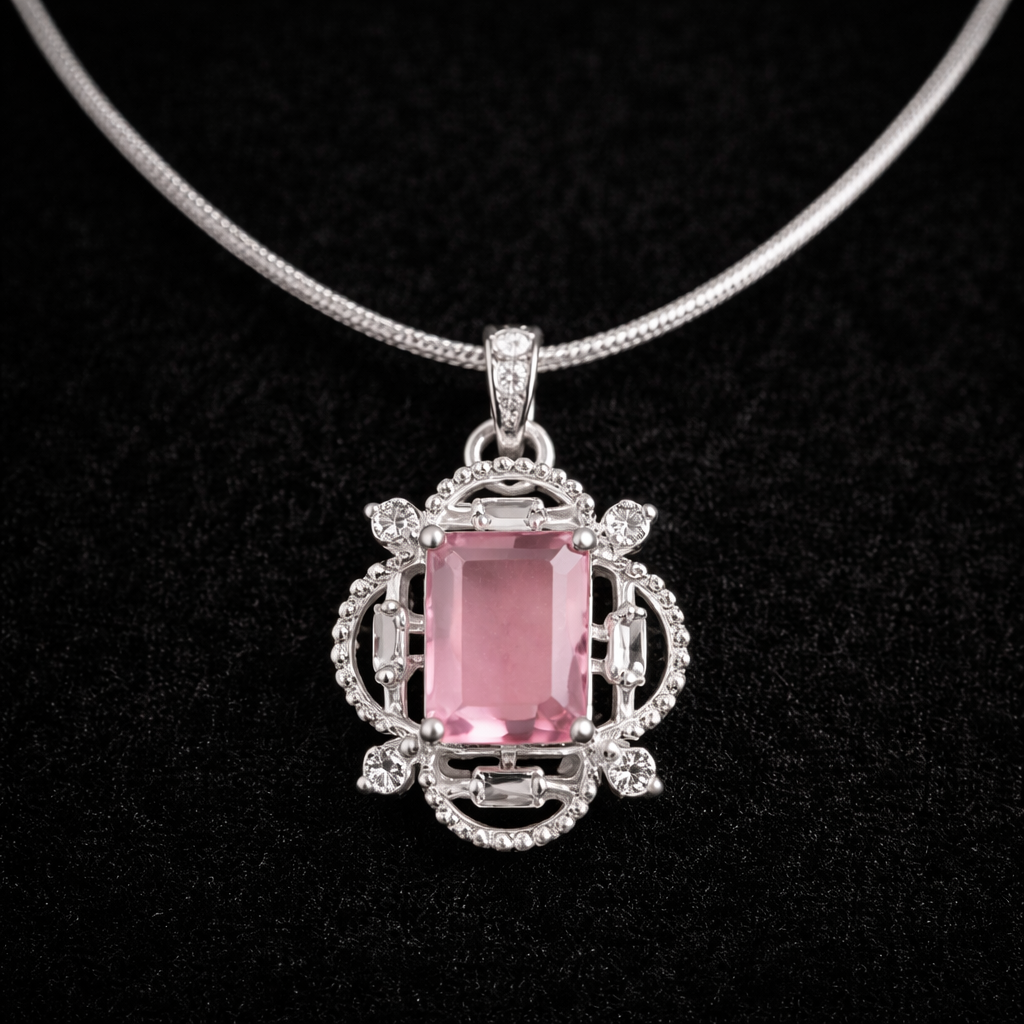 Silver Tone CZ Diamond Pink Stone Vintage Pendant