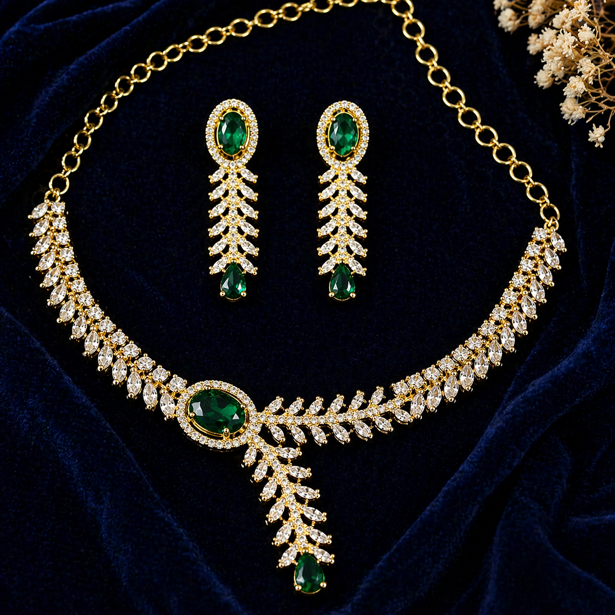 Emerald & CZ Diamond Necklace Set