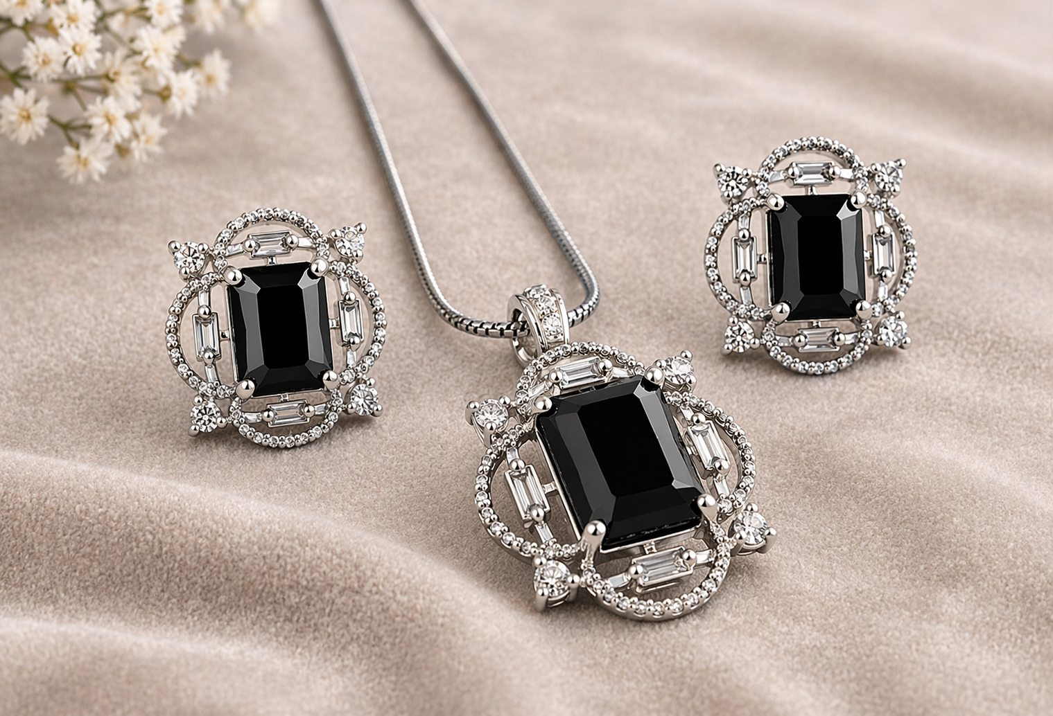 Silver Tone CZ Diamond Halo Necklace with Matching Earrings