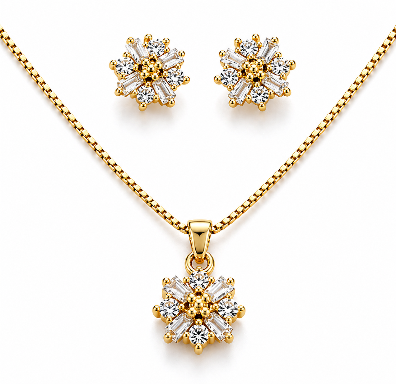 Gold Plated CZ Diamond Floral Necklace & Earring Set