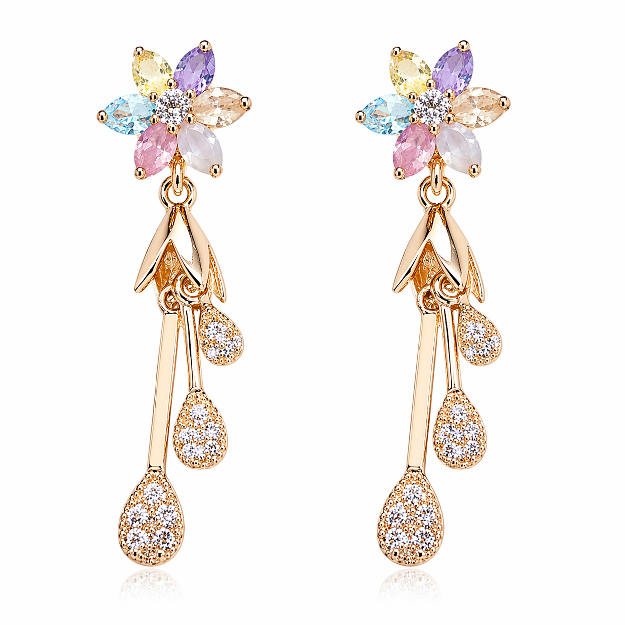Floral CZ Diamond Crystal Drop Earrings