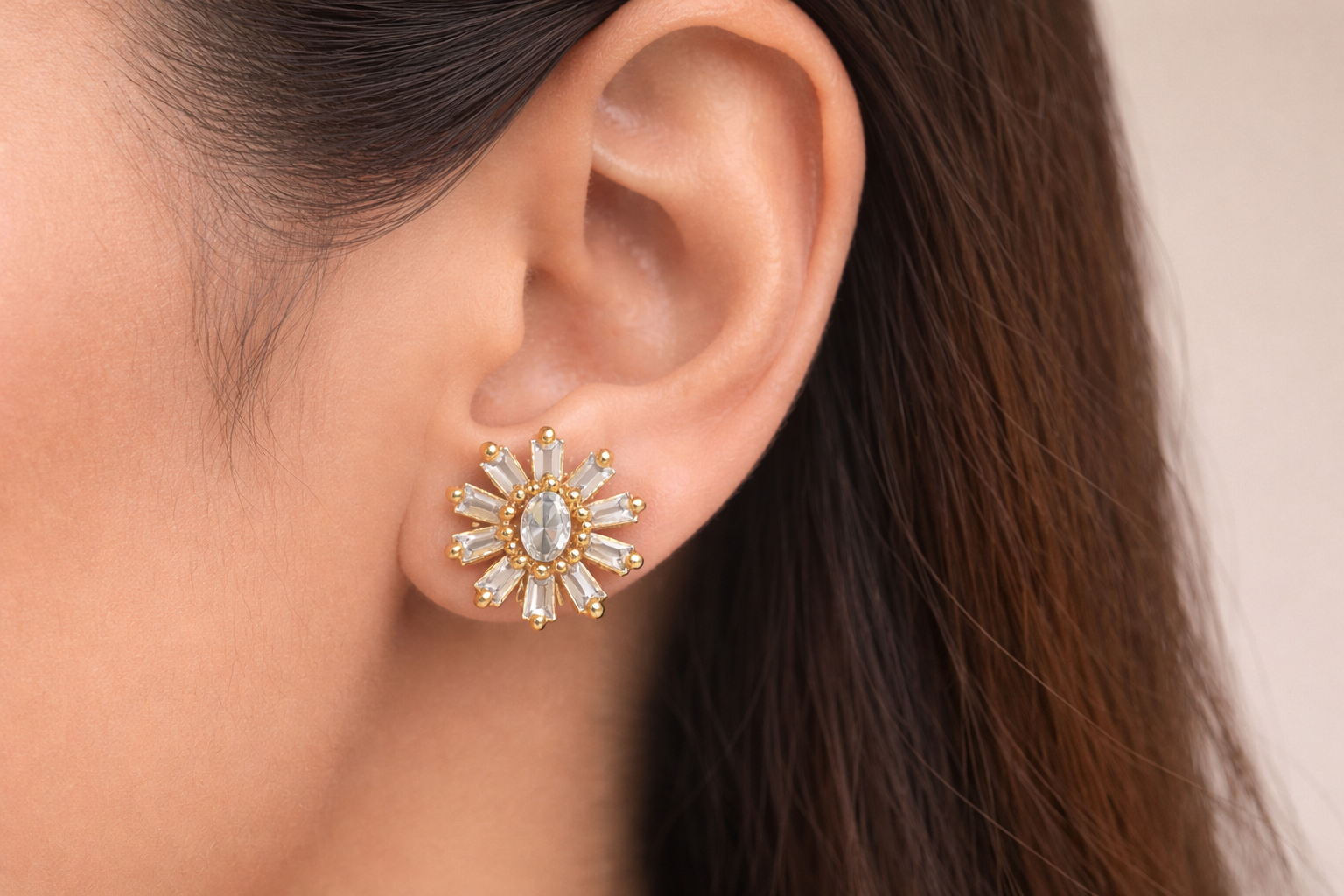 Gold Plated CZ Diamond Flower Stud Earrings