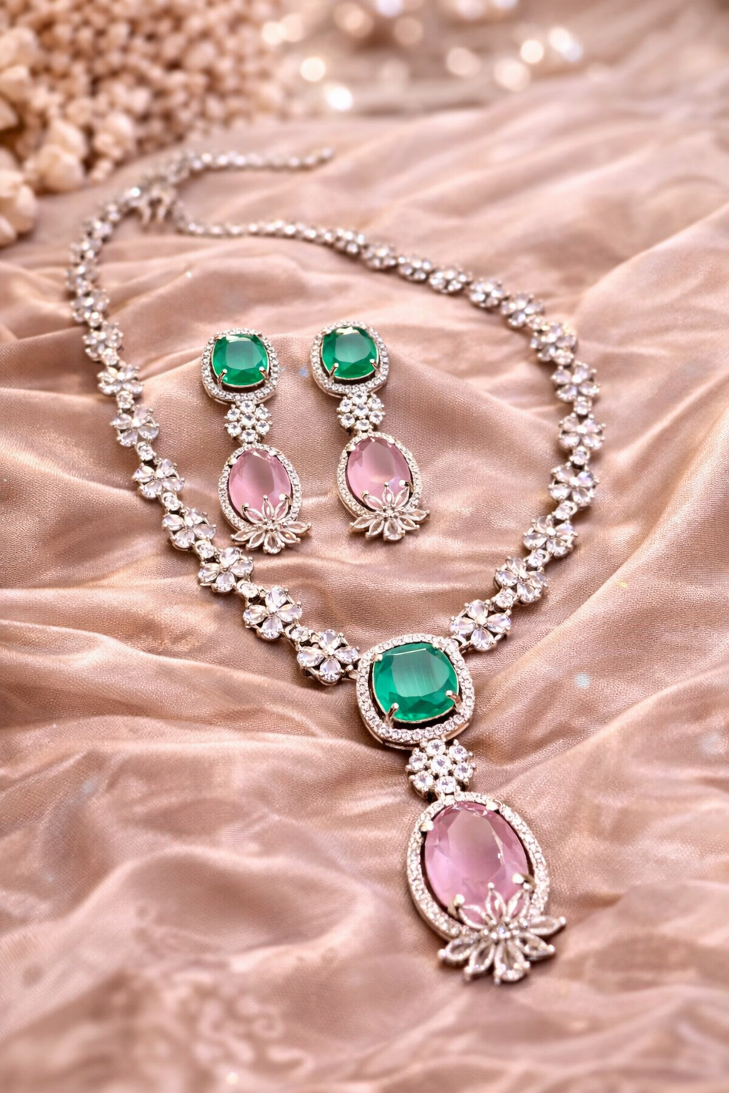 Elegant Gemstone CZ Diamond Necklace & Earrings Set