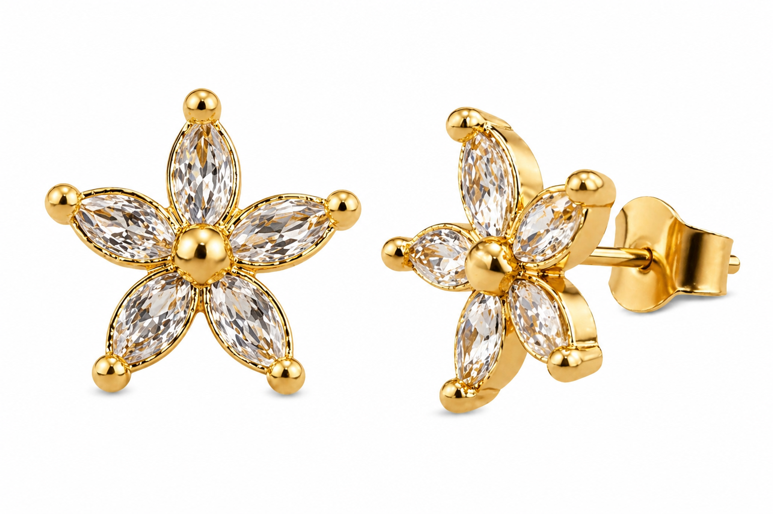 Gold Plated Flower CZ Diamond Stud Earrings