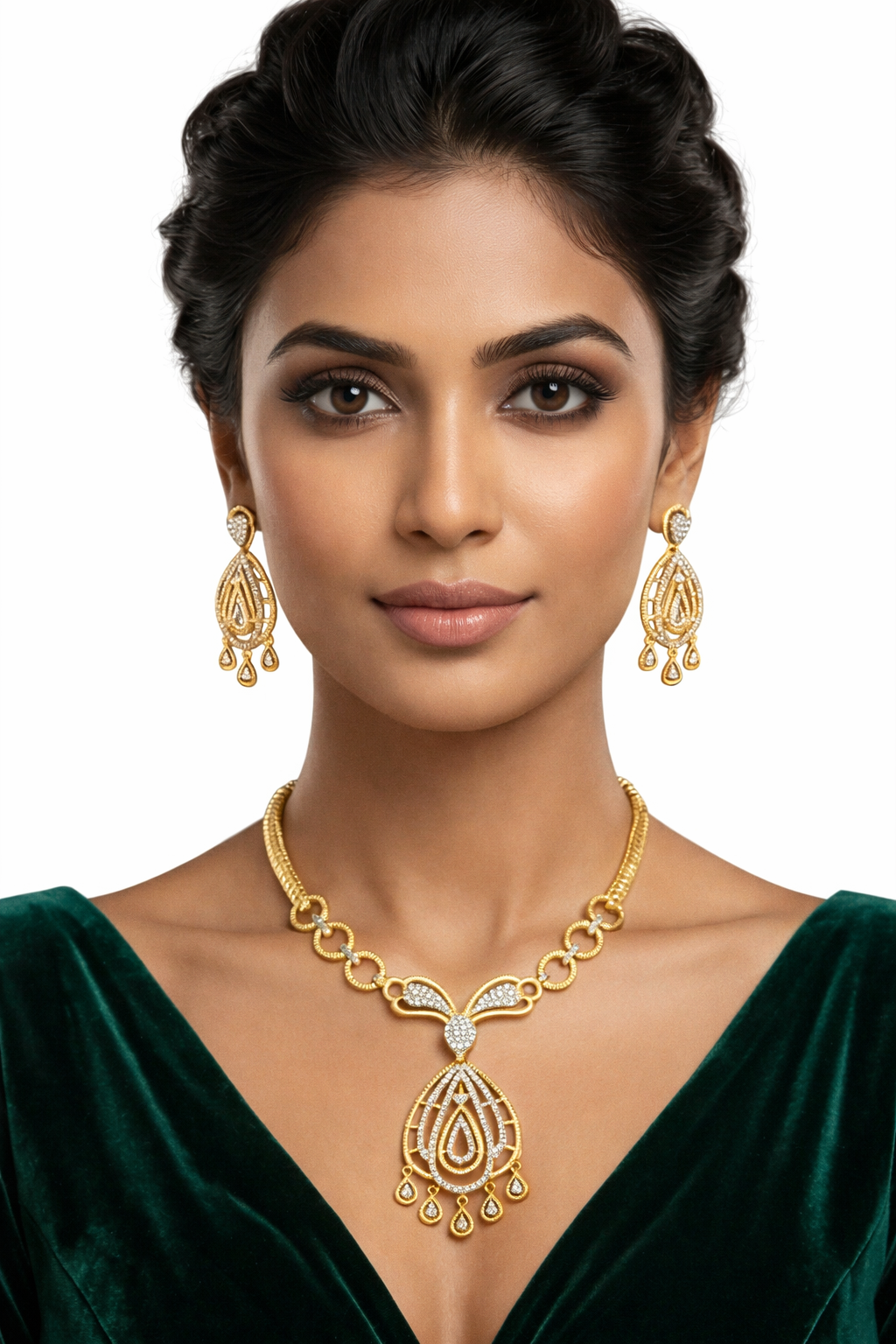 Elegant Gold Plated CZ Diamond Necklace and Earrings Set