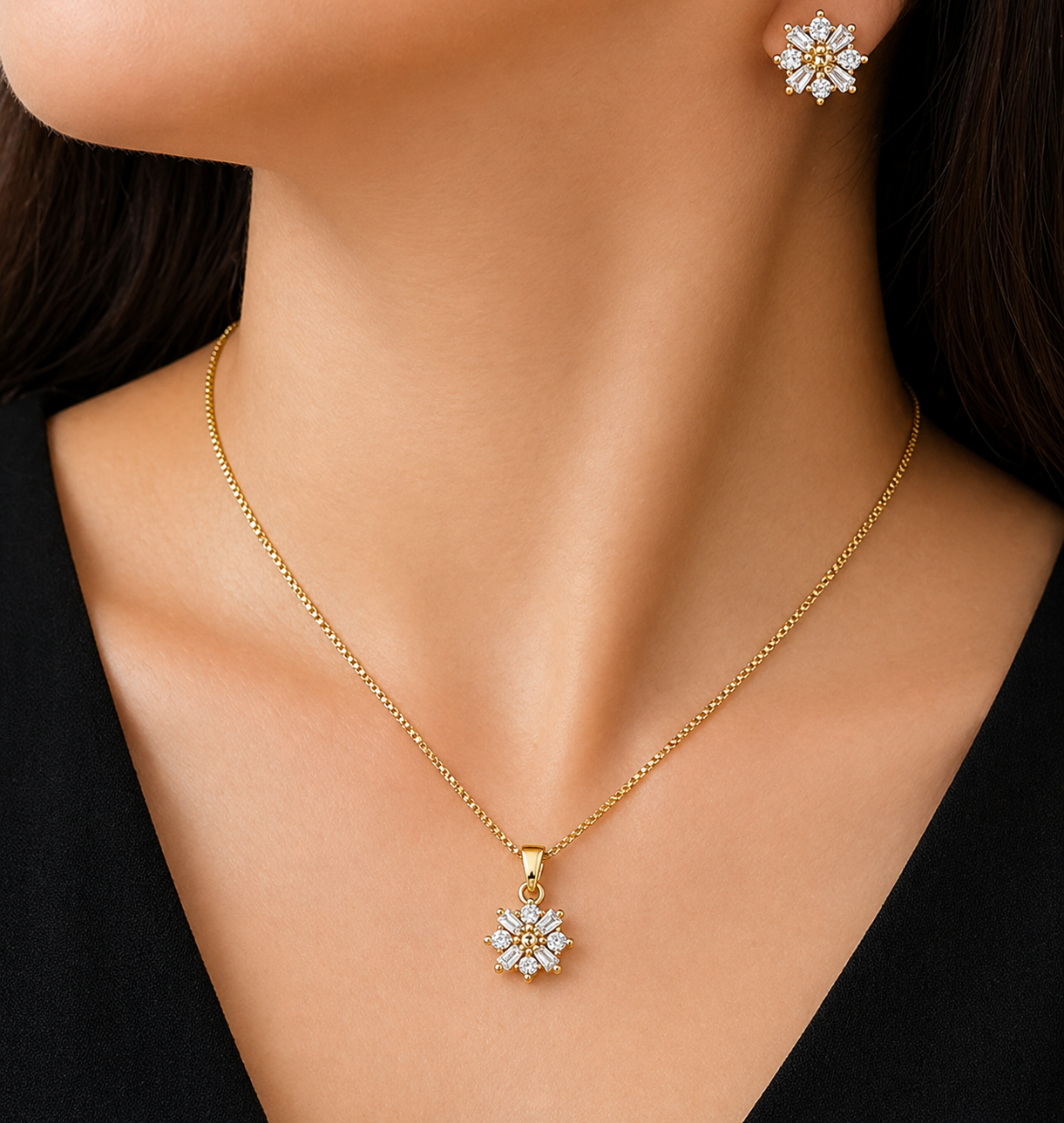 Gold Plated CZ Diamond Floral Necklace & Earring Set