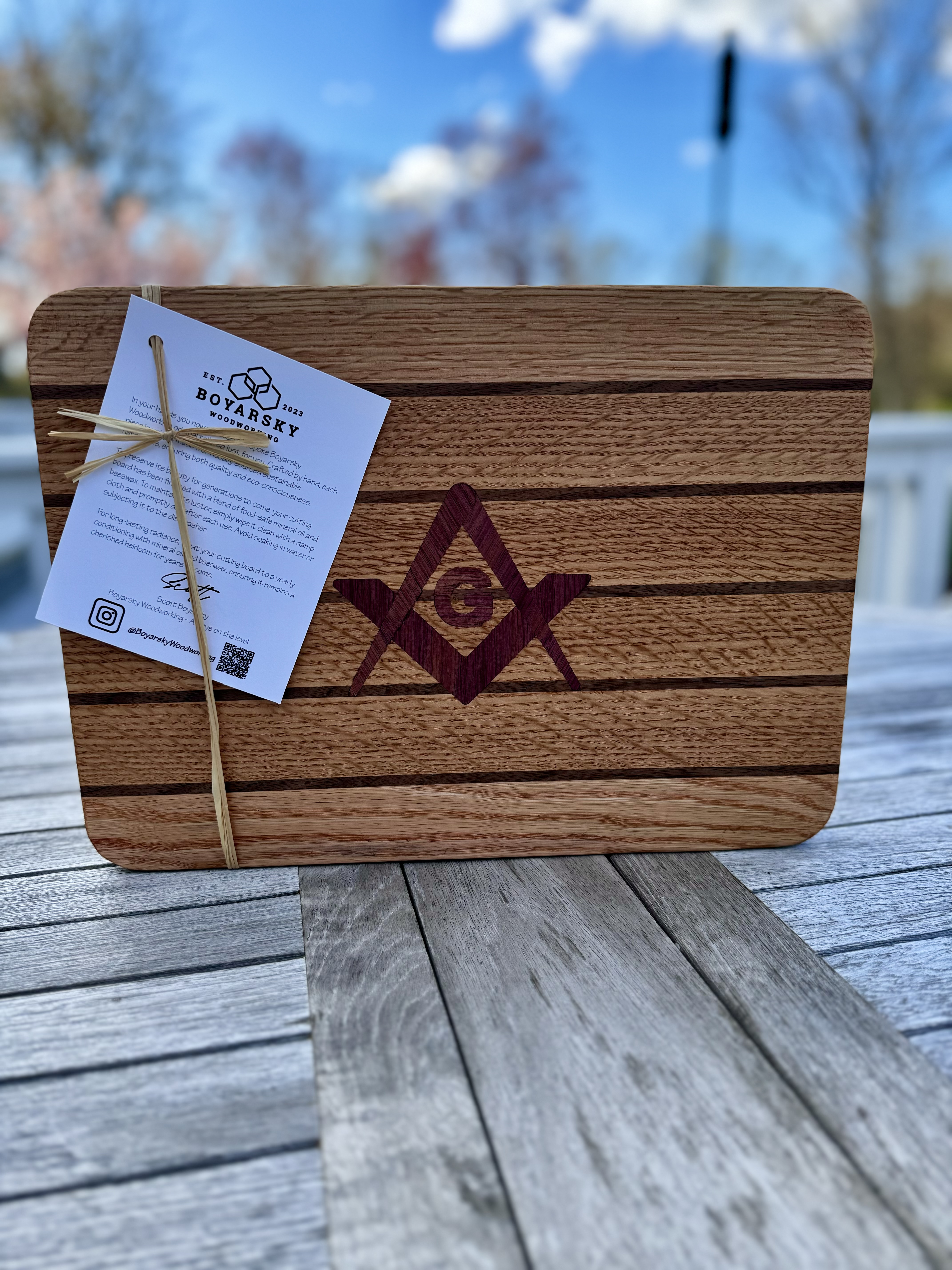 Masonic Cutting Board — White Oak, Walnut & Purple Heart