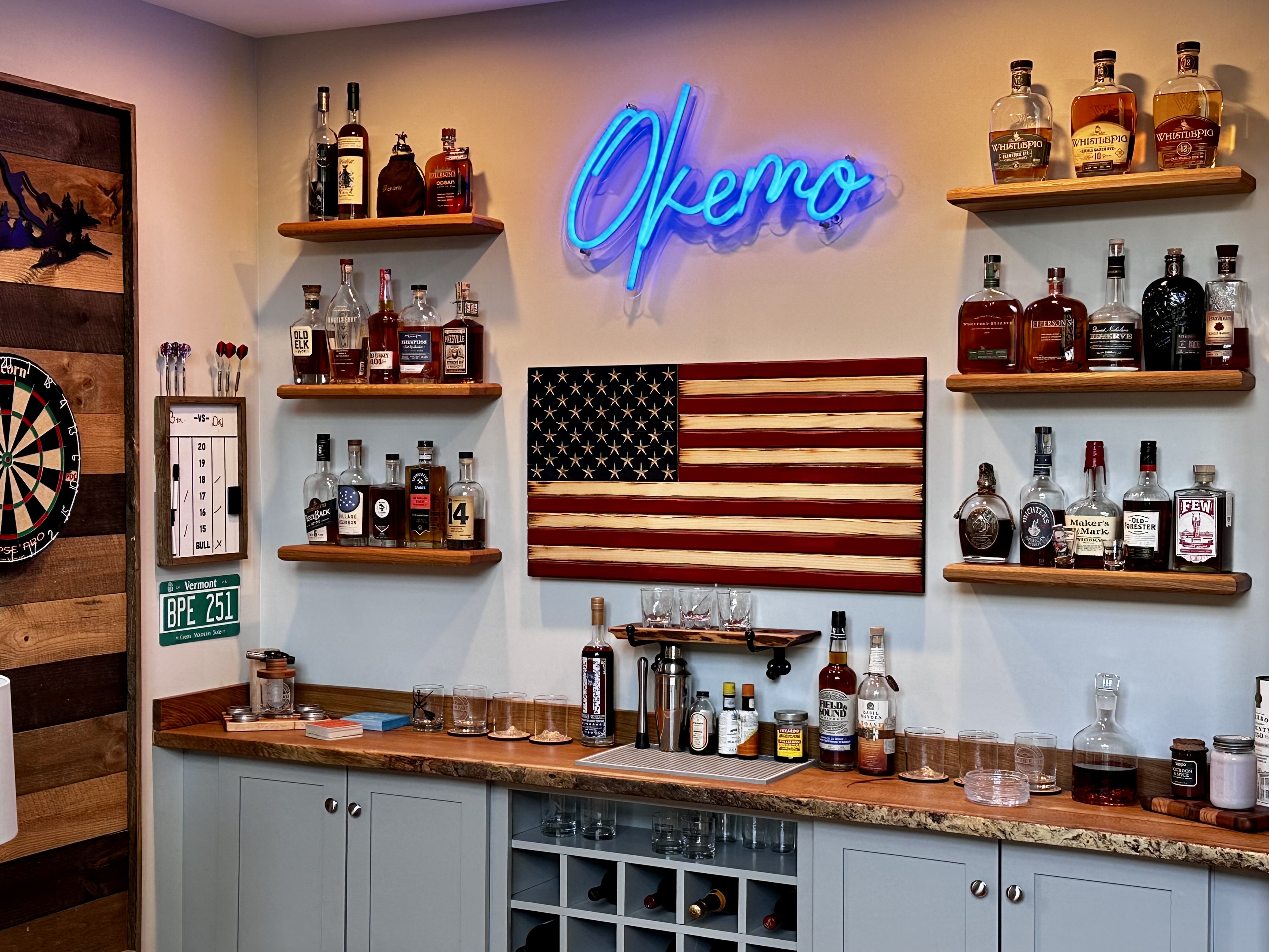 Custom Home Bar Setup with American Flag Decor