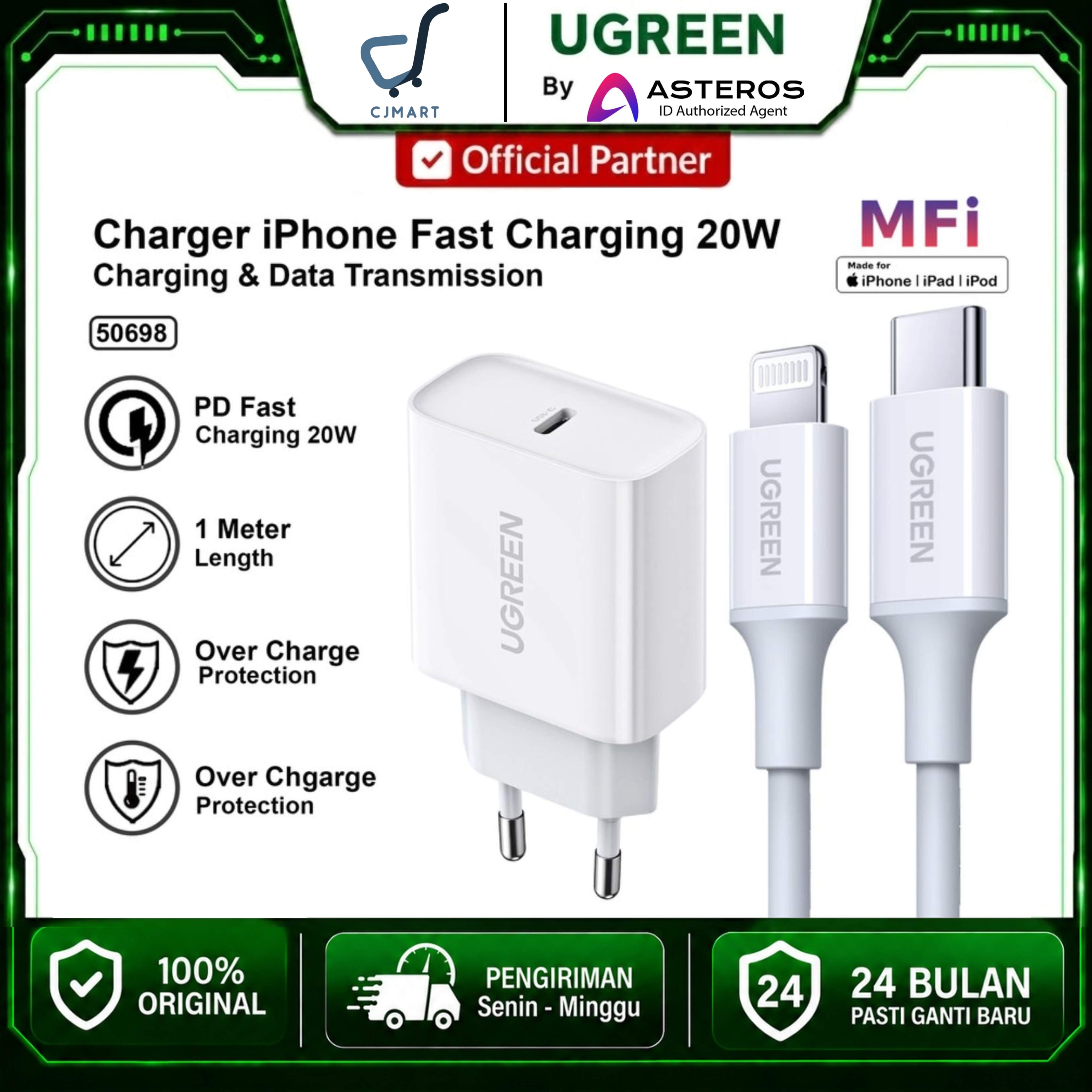 UGREEN CHARGER SET LIGHTNING PD20W FAST CHARGER WHITE / 50698