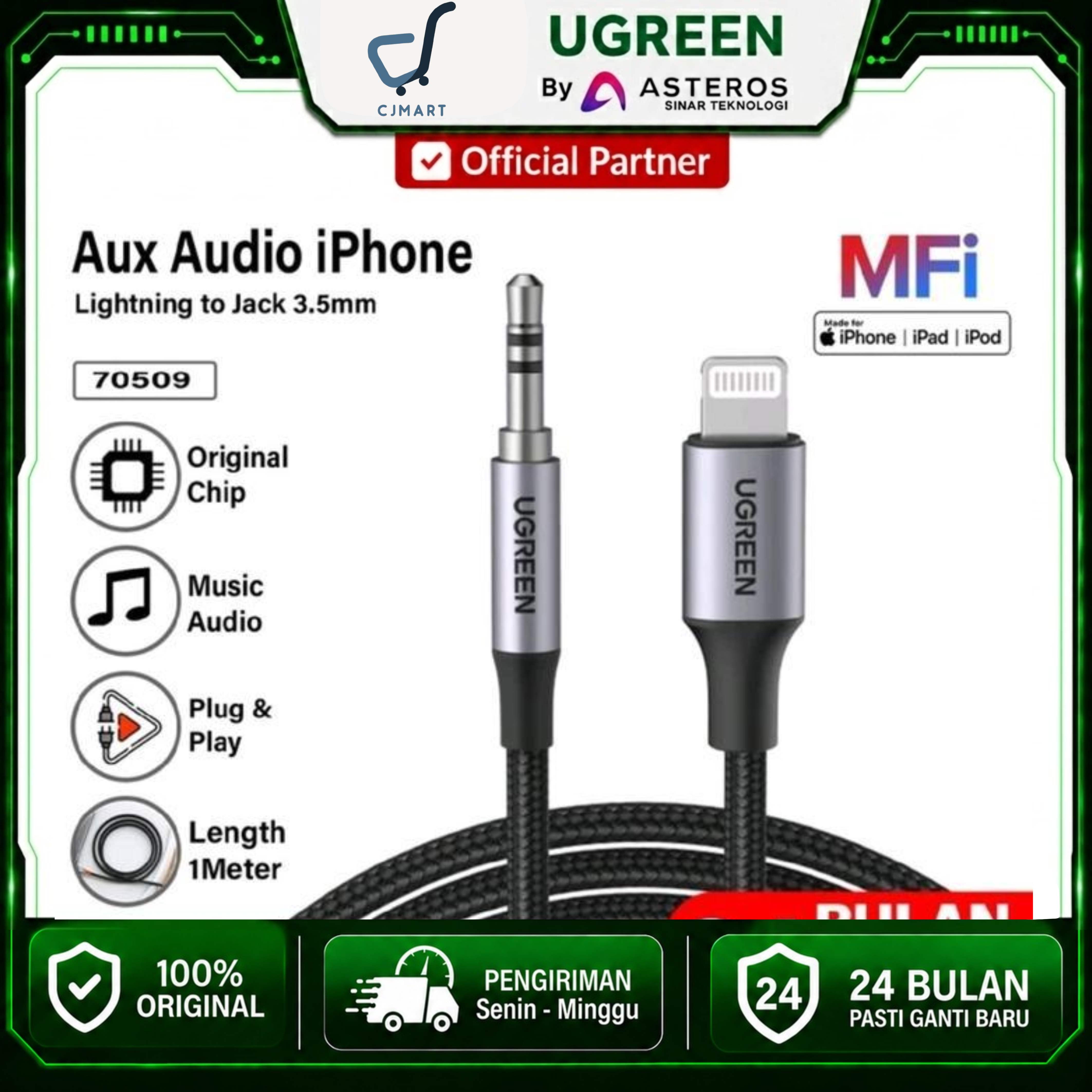 UGREEN CABLE AUX LIGHTNING TO 3.5MM 1M BLACK / 70509
