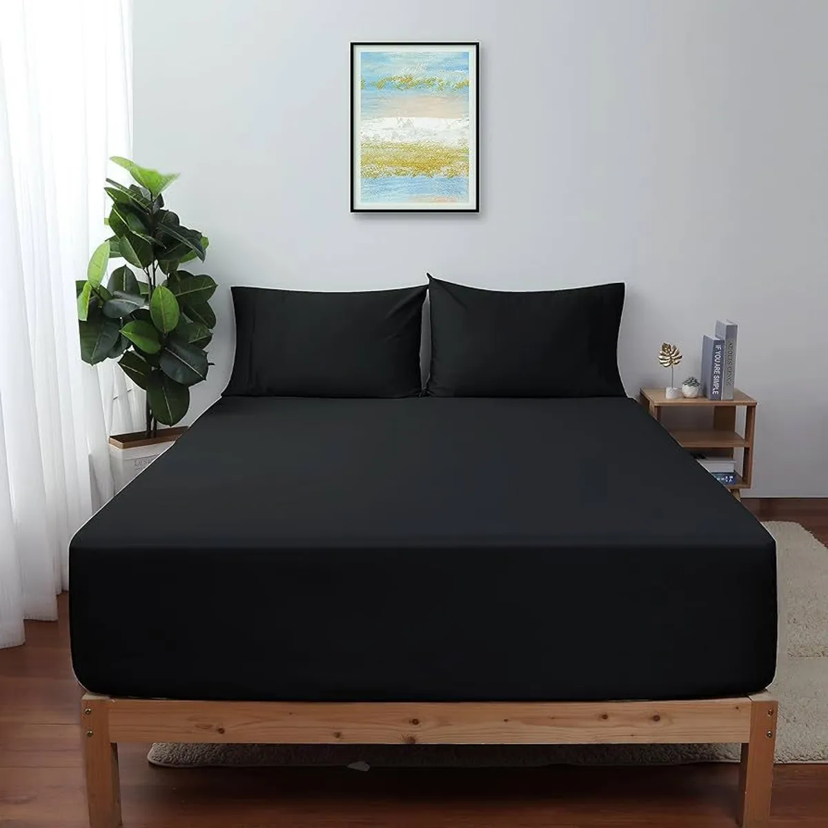 Sabana ajustable y 2 fundas cama queen negro