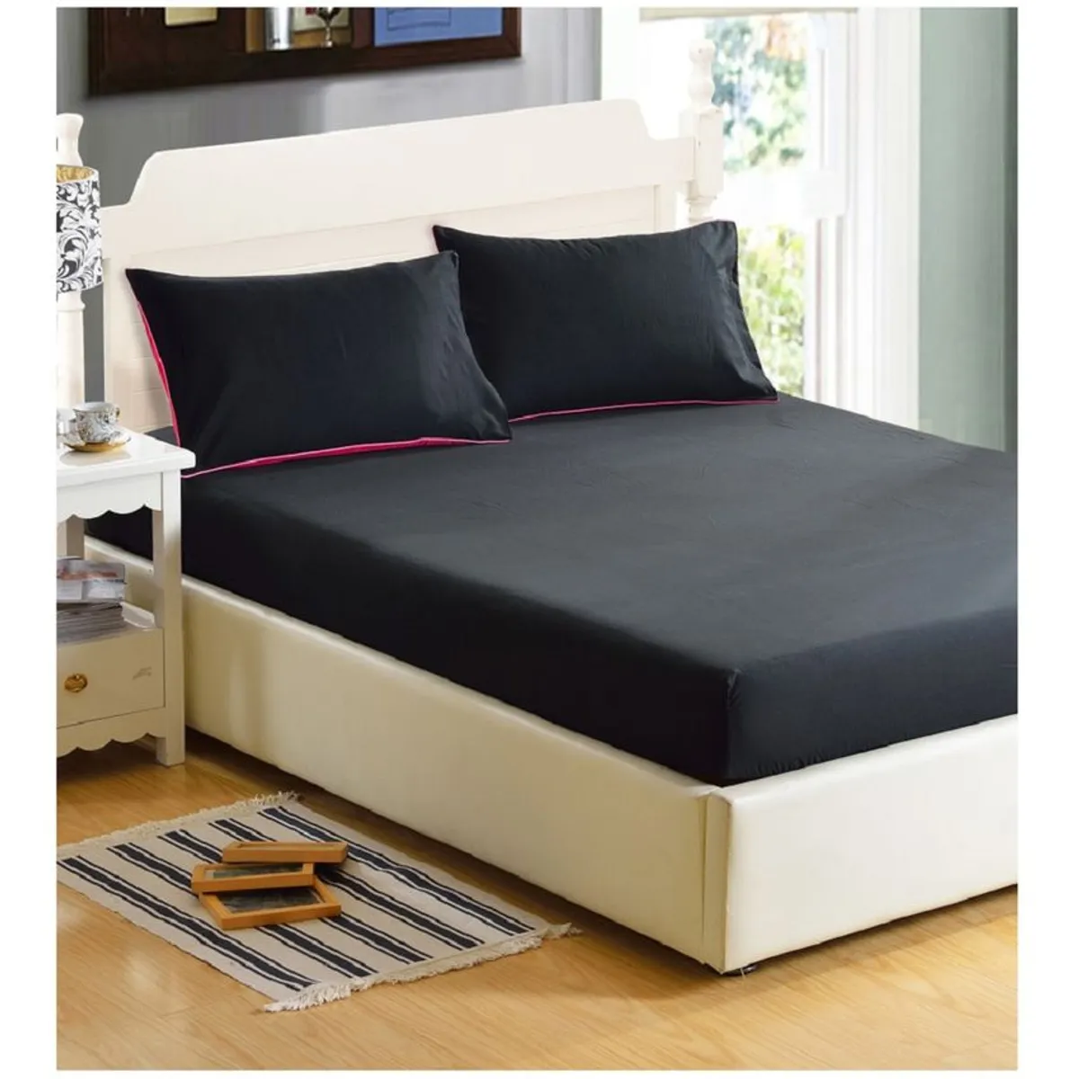 Sabana ajustable y 2 fundas cama queen negro