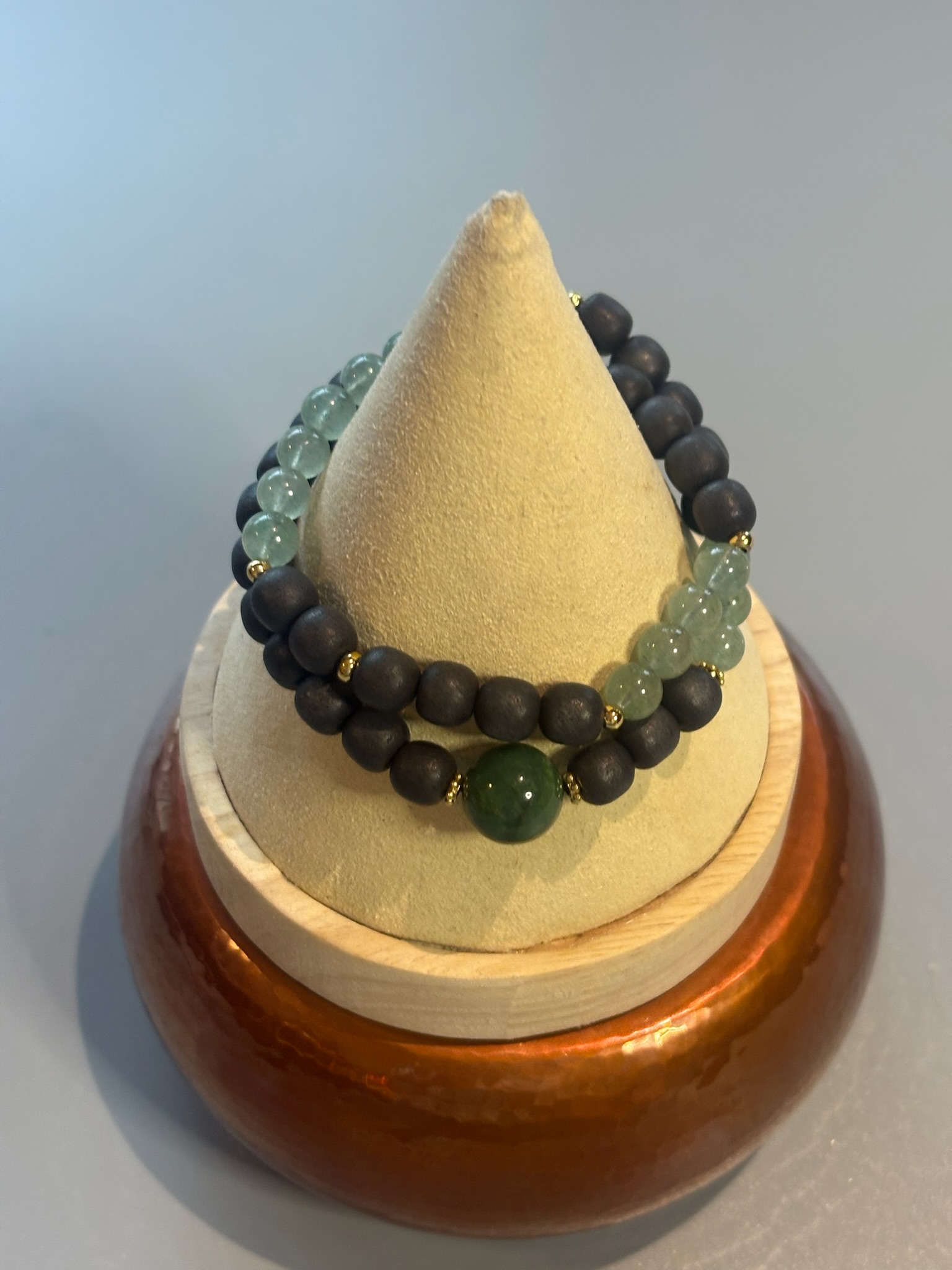 Green Stone & Matte Black Bead Bracelet