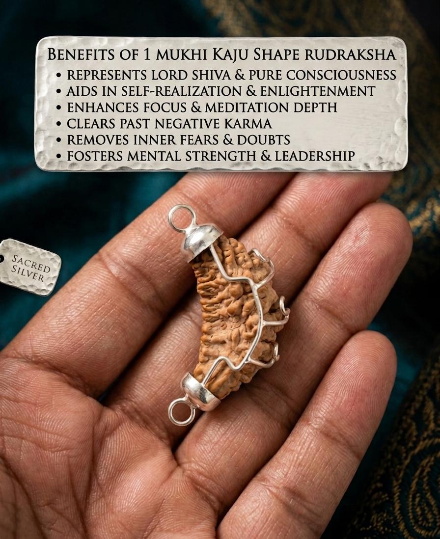 Original 1 Mukhi Kaju Shape Rudraksha Silver Pendant | Lab Certified