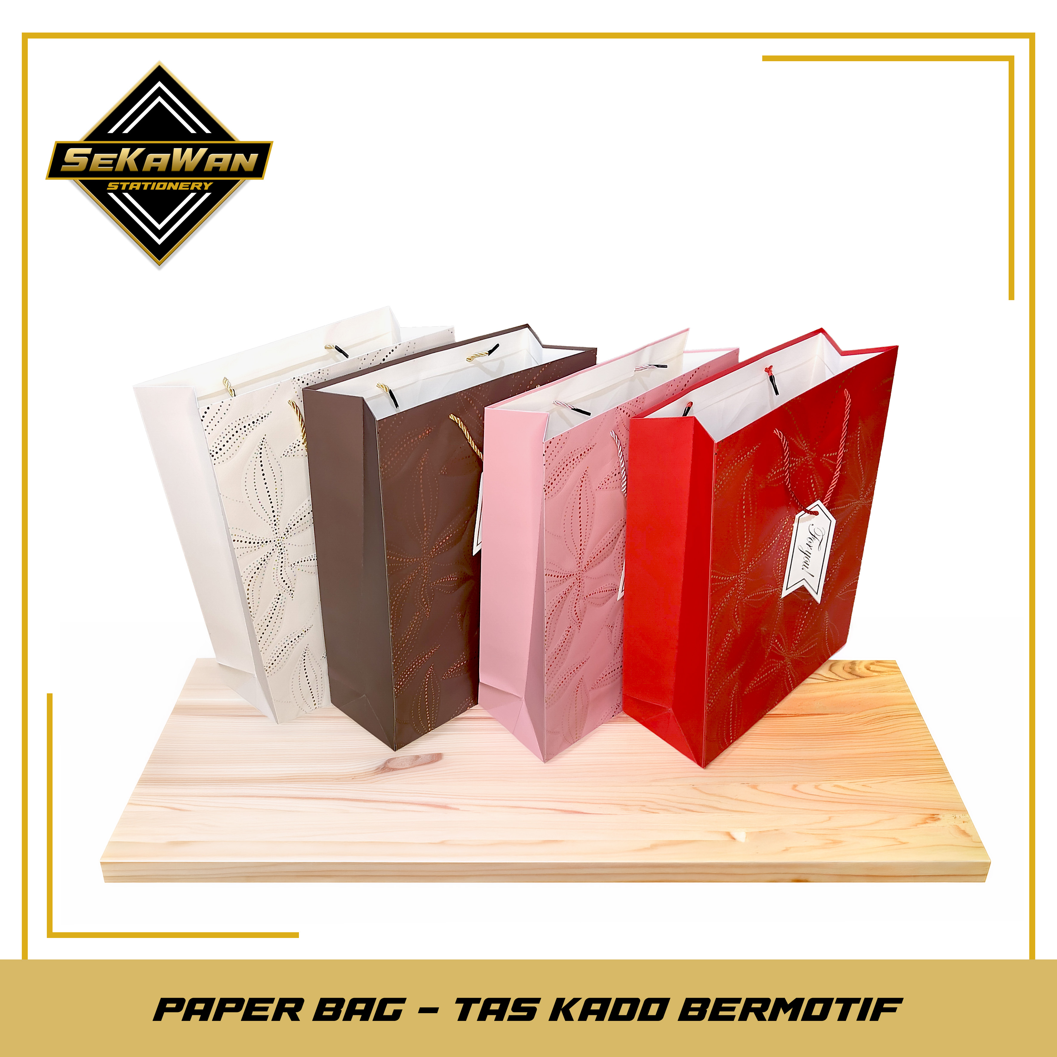Paper Bag Motif Daun Embossed L/XL Plus Tag - Tas Kado Premium Tebal - Warna Random