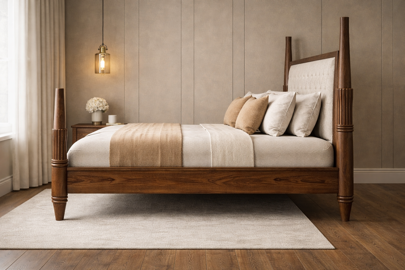 Walnut Hand carved colonial Tufted Bed
