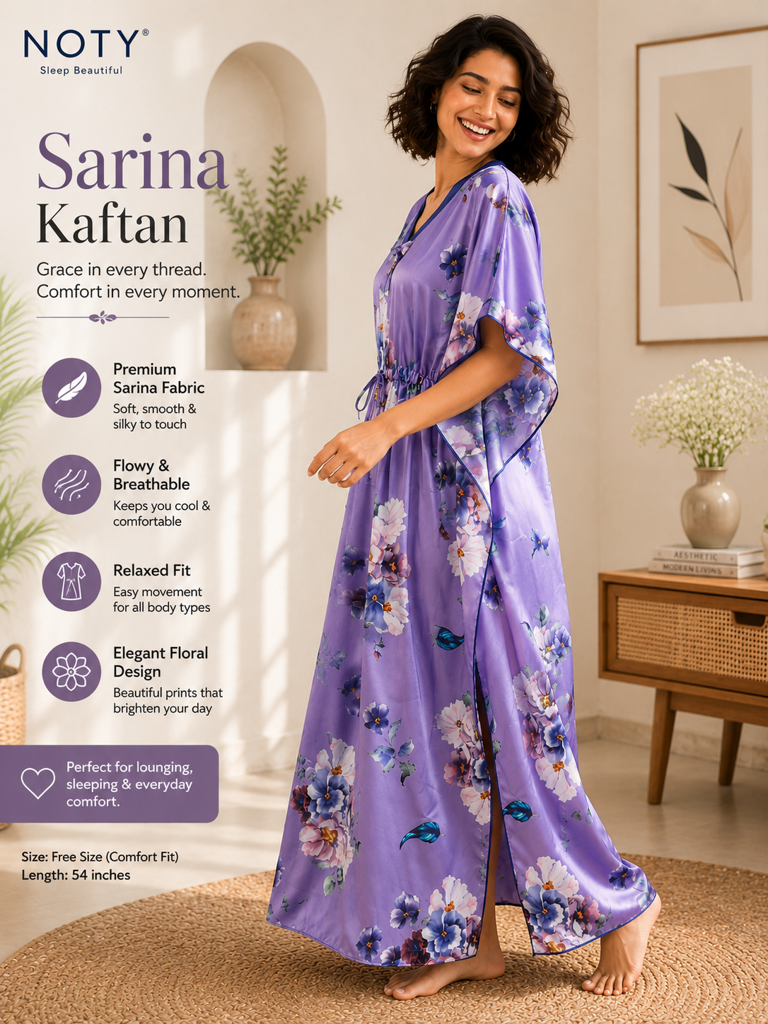Kaftan- Serena- Digital Print- Botanical Blossom- Lavender