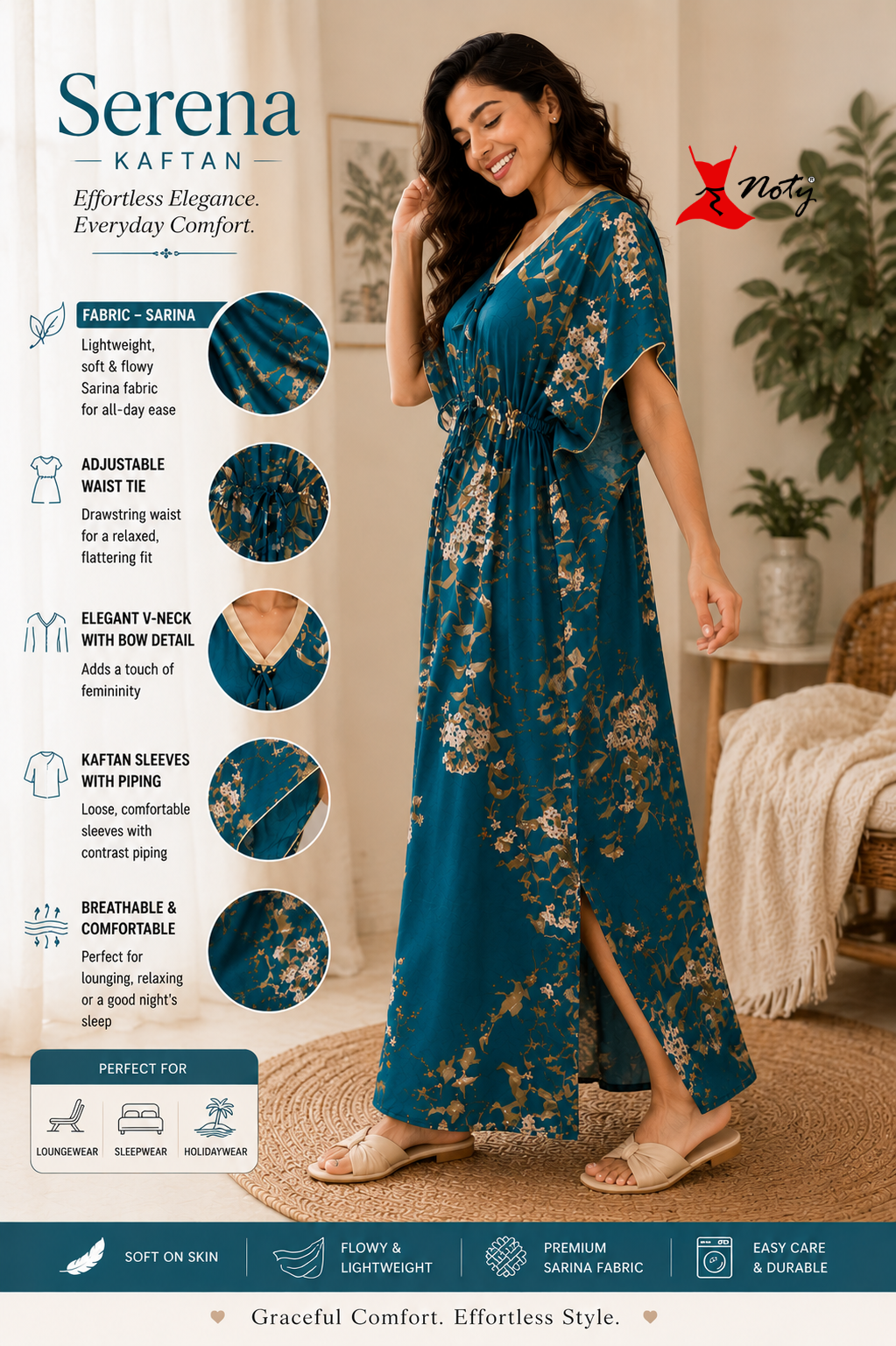 Kaftan- Serena- Digital Print- Botanical Blossom- Teal