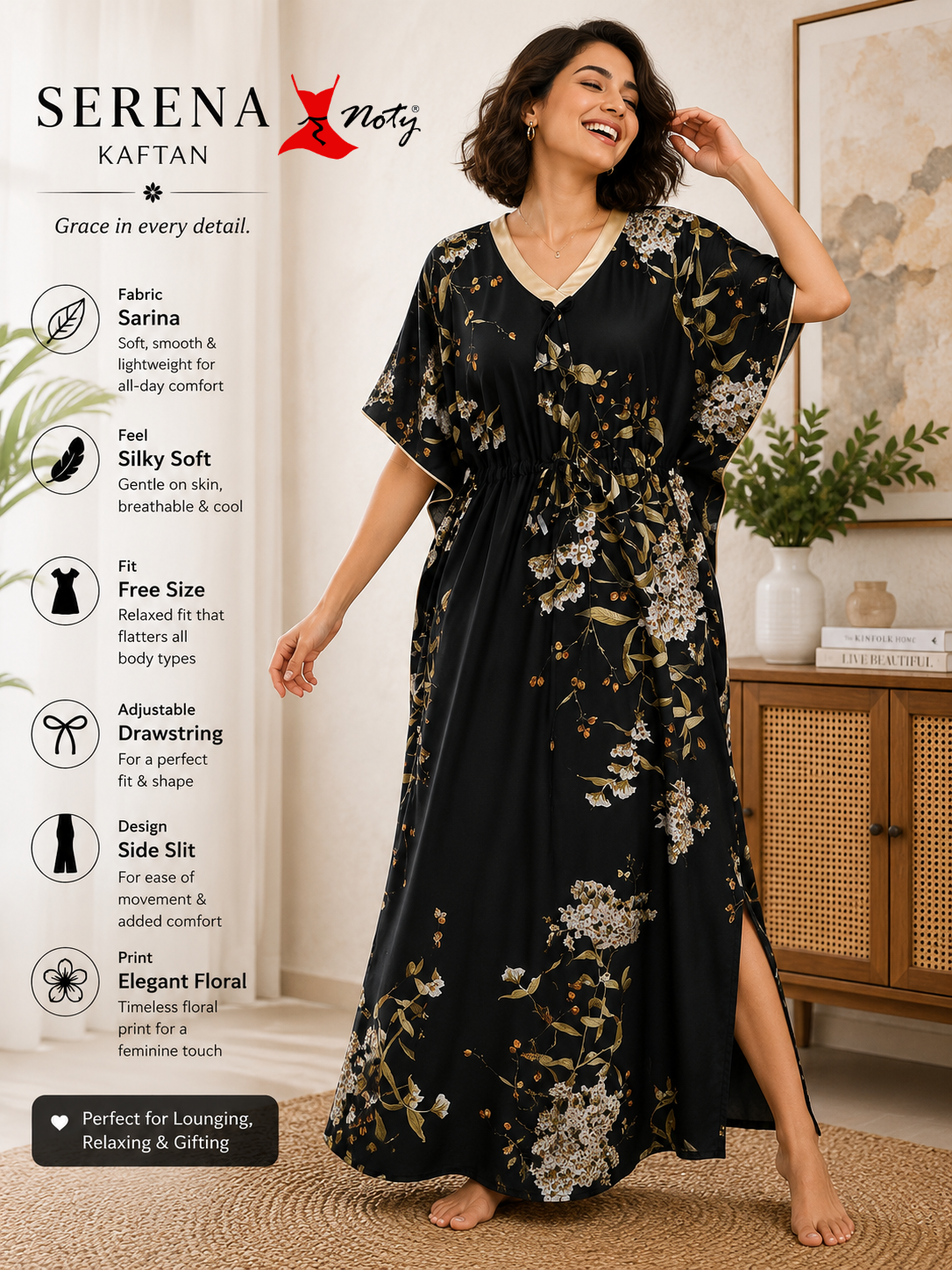 Kaftan- Serena- Digital Print- Botanical Blossom- Black