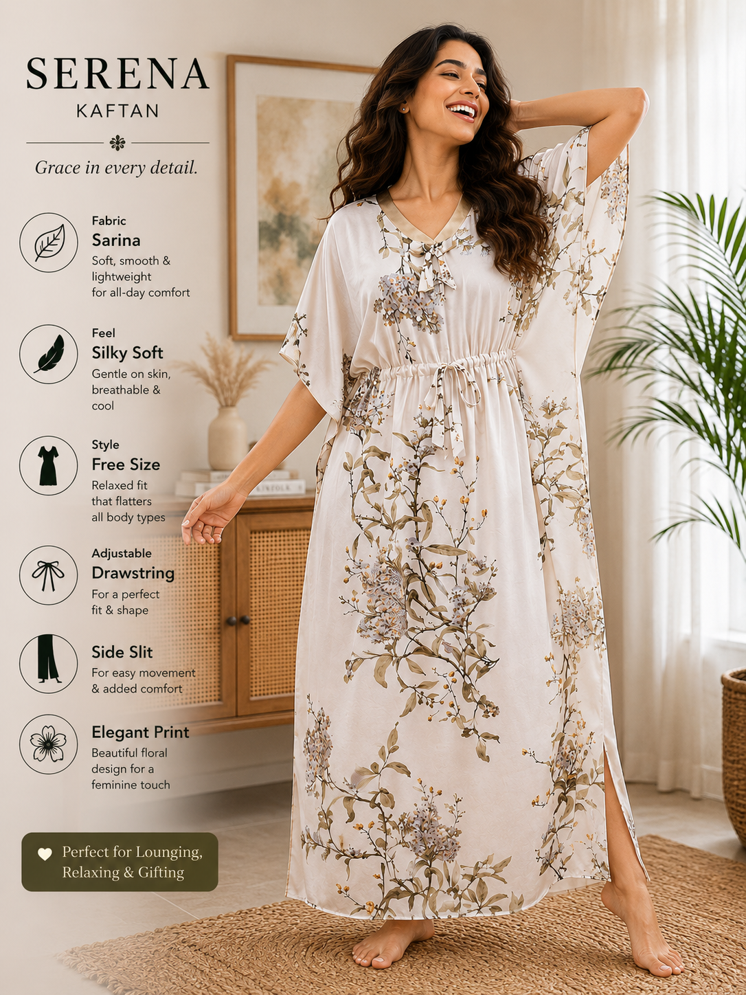 Kaftan- Serena- Digital Print- Botanical Blossom- Ivory