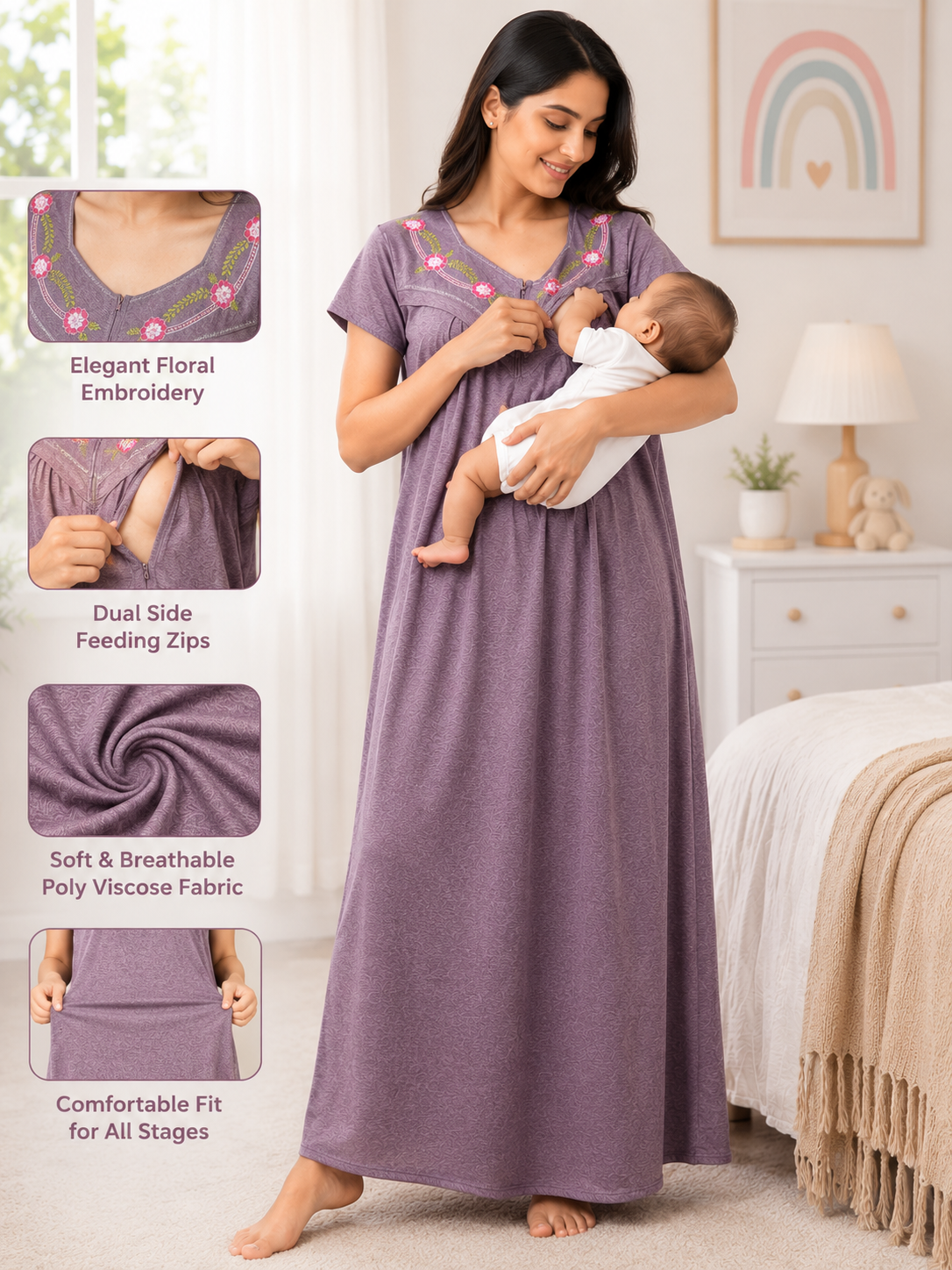 Noty Women's- Maternity | Feeding | Nursing | Nighty/Maxi/Gown- Hosiery Fabric- Feeding-Embroidery-Full Sleeves (N1H-490H)