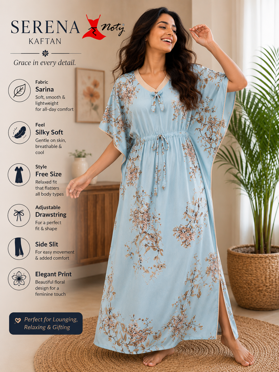 Kaftan- Serena- Digital Print- Botanical Blossom- Powder Blue