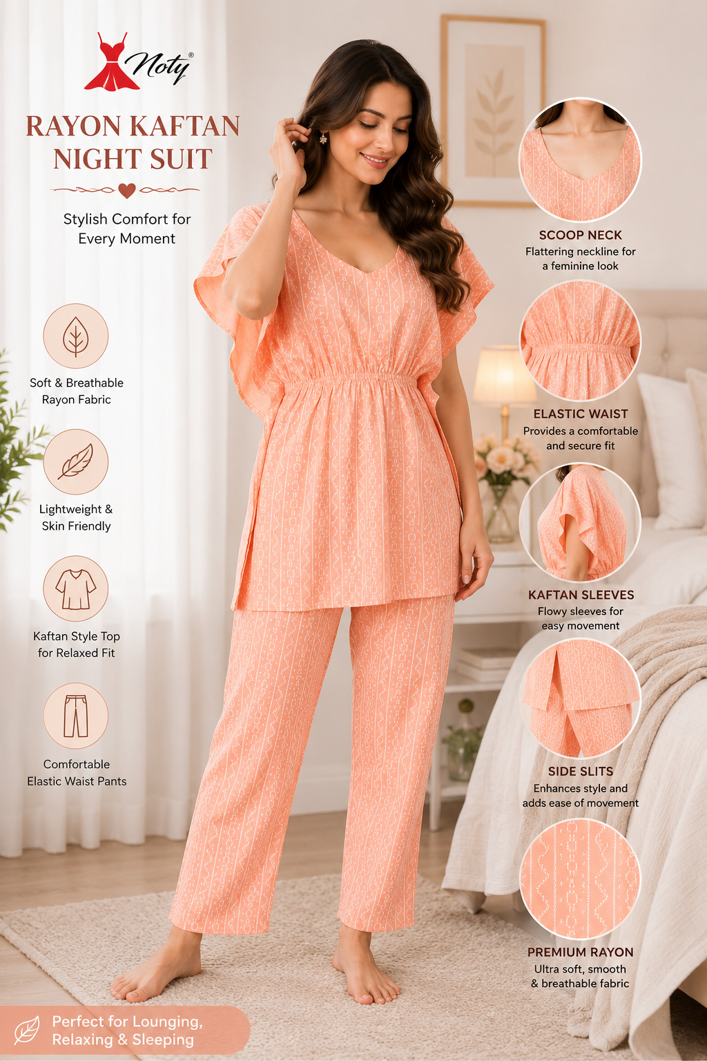 Noty Girl's/Women's- Night Suit Set | Kaftan With Payjama | Night Wear | Night Set for Women's and girl's| Peach- Rayon Fabric- Geometric Print  (NT2R-023)