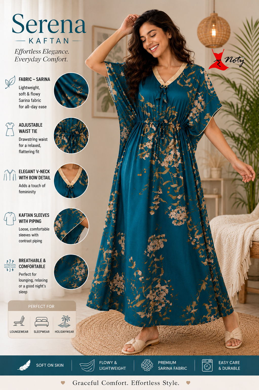 Kaftan- Serena- Digital Print- Botanical Blossom- Teal