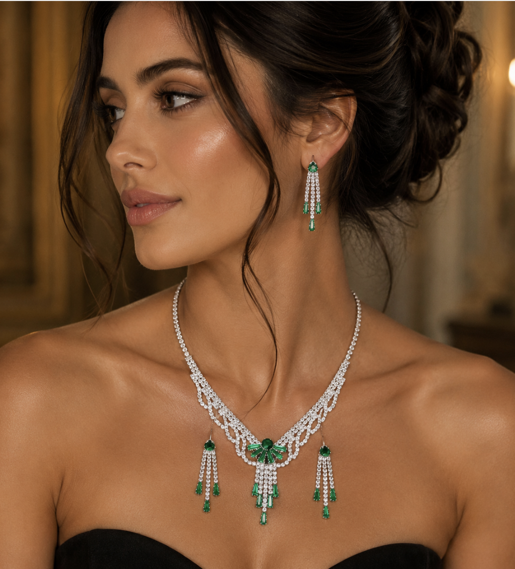 Geometric Pattern Zirconia Set Earrings And Necklace