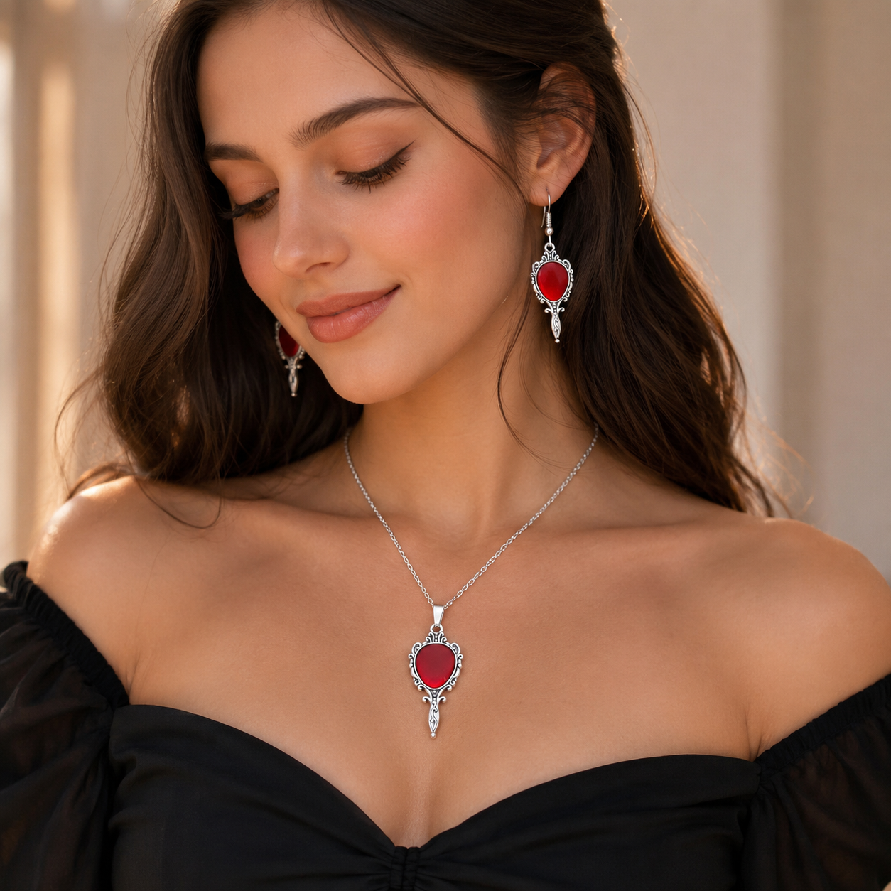 New Punk Style Magic Mirror Pendant Alloy Necklace Earrings Set