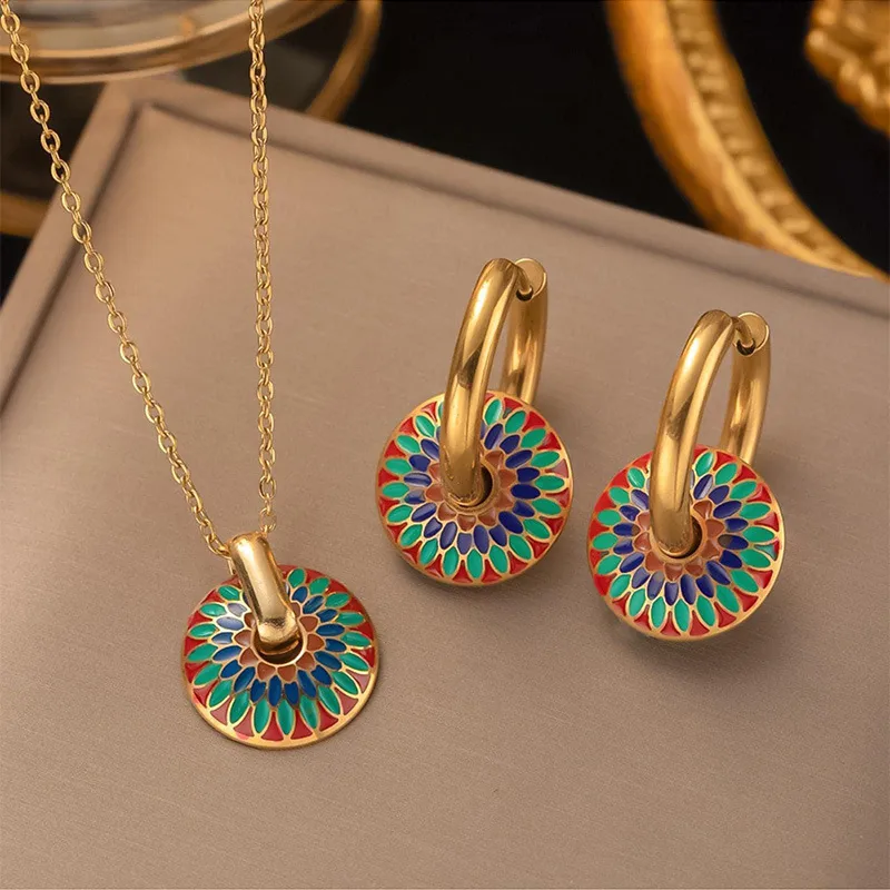 Enamel Mandala Jewelry SetFashionable Retro Painted Daisy Pattern Circle Necklace Earring Set 