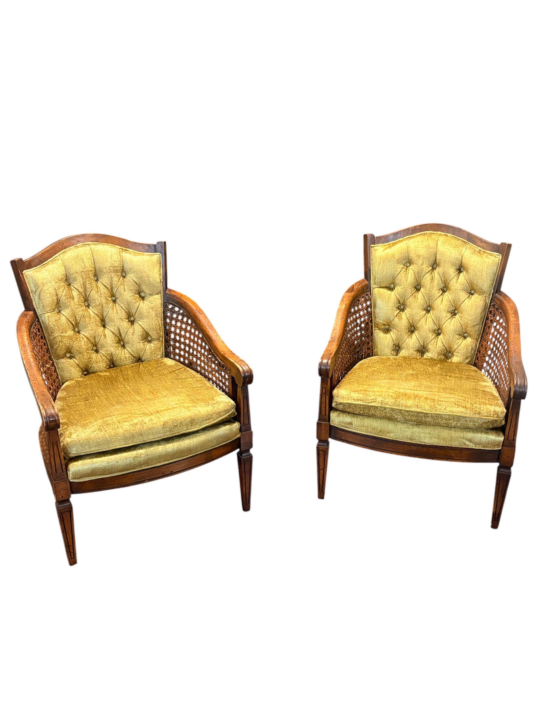 Vintage Tufted Yellow Velvet and Cane Barrel Chairs