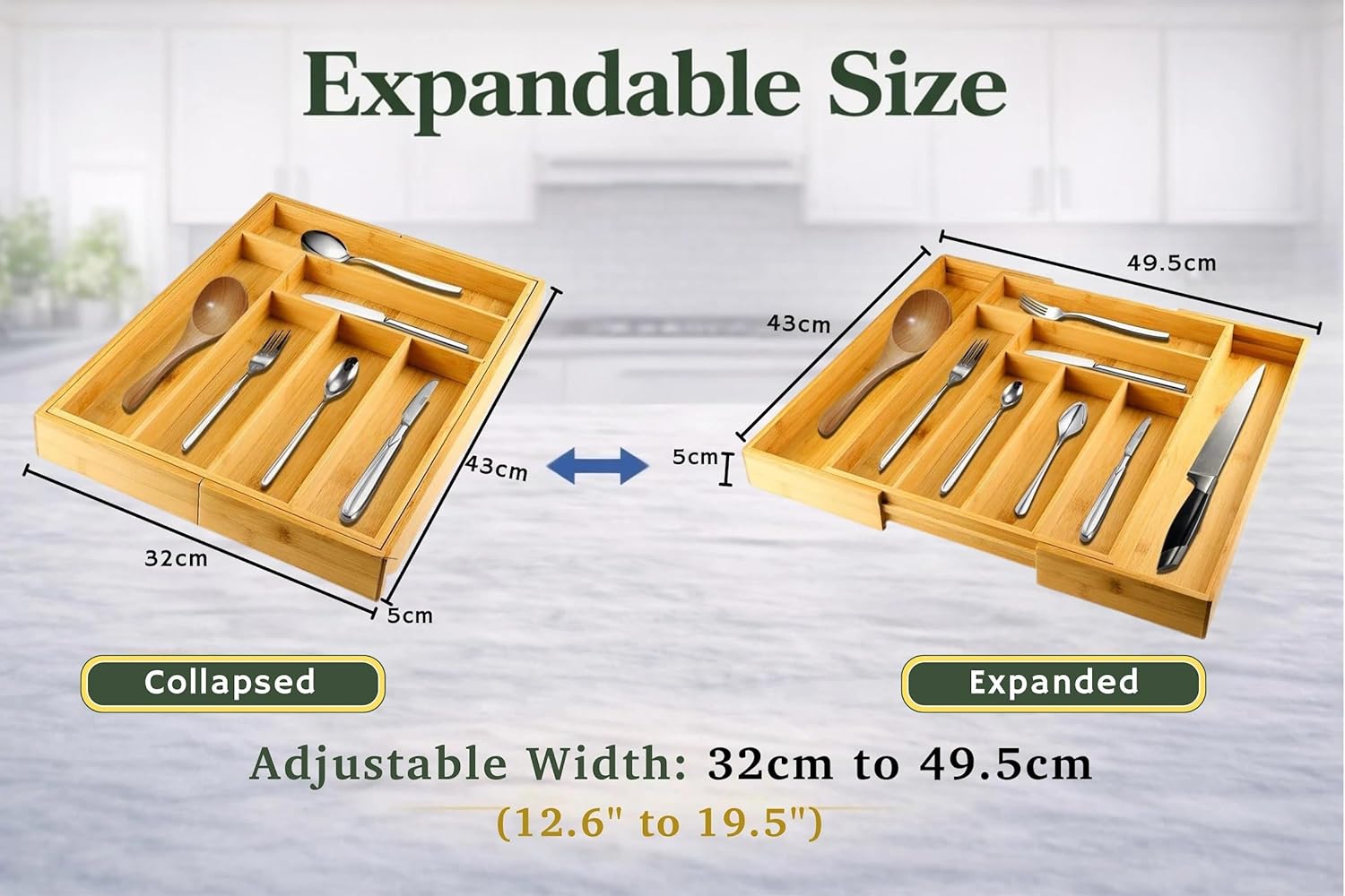 Bamboo Cutlery Tray. 6-8 Compartment Utensil Holder for Kitchen Drawer