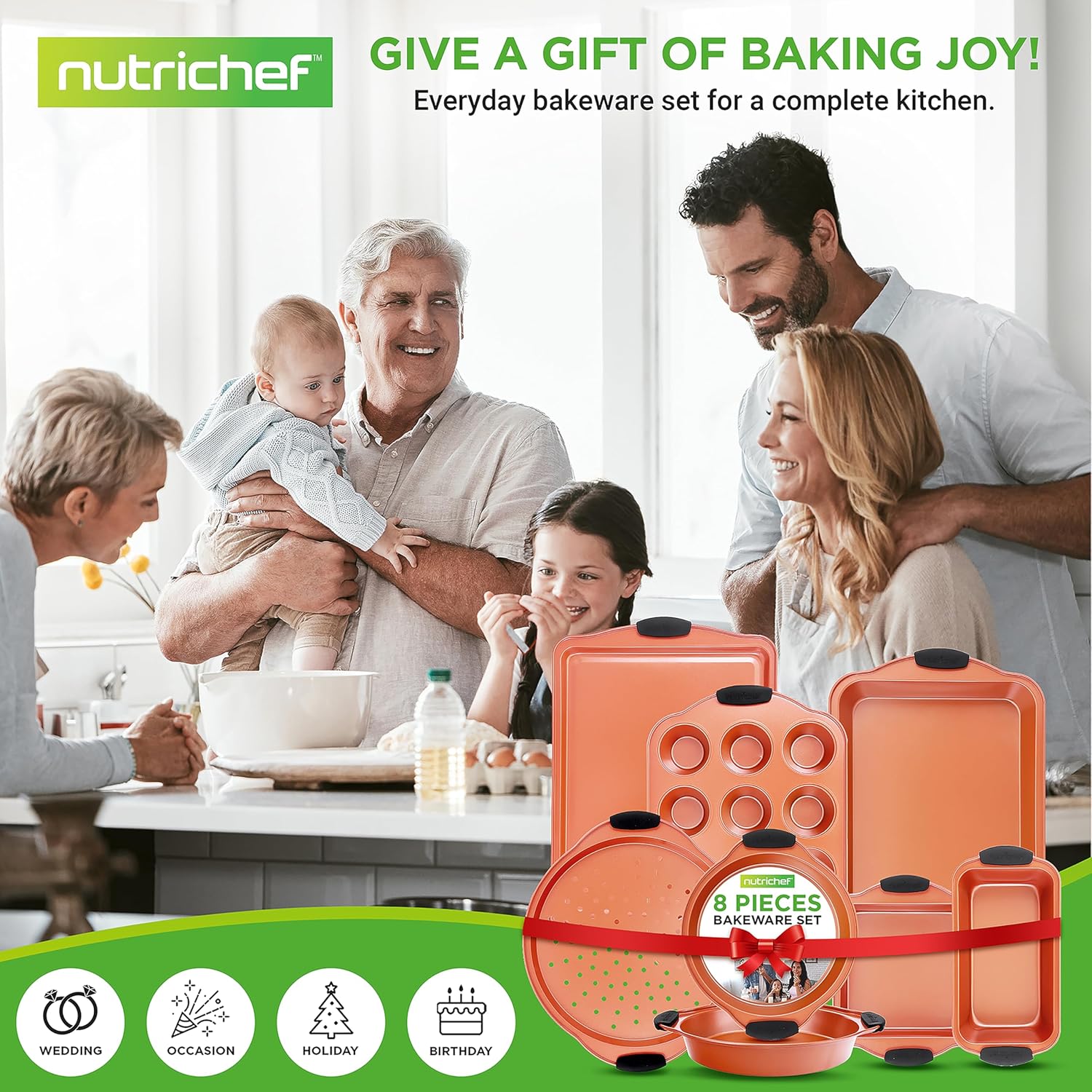 NutriChef 8 Piece Baking Pan Set - Flexible Nonstick Carbon Steel Bakeware Sets