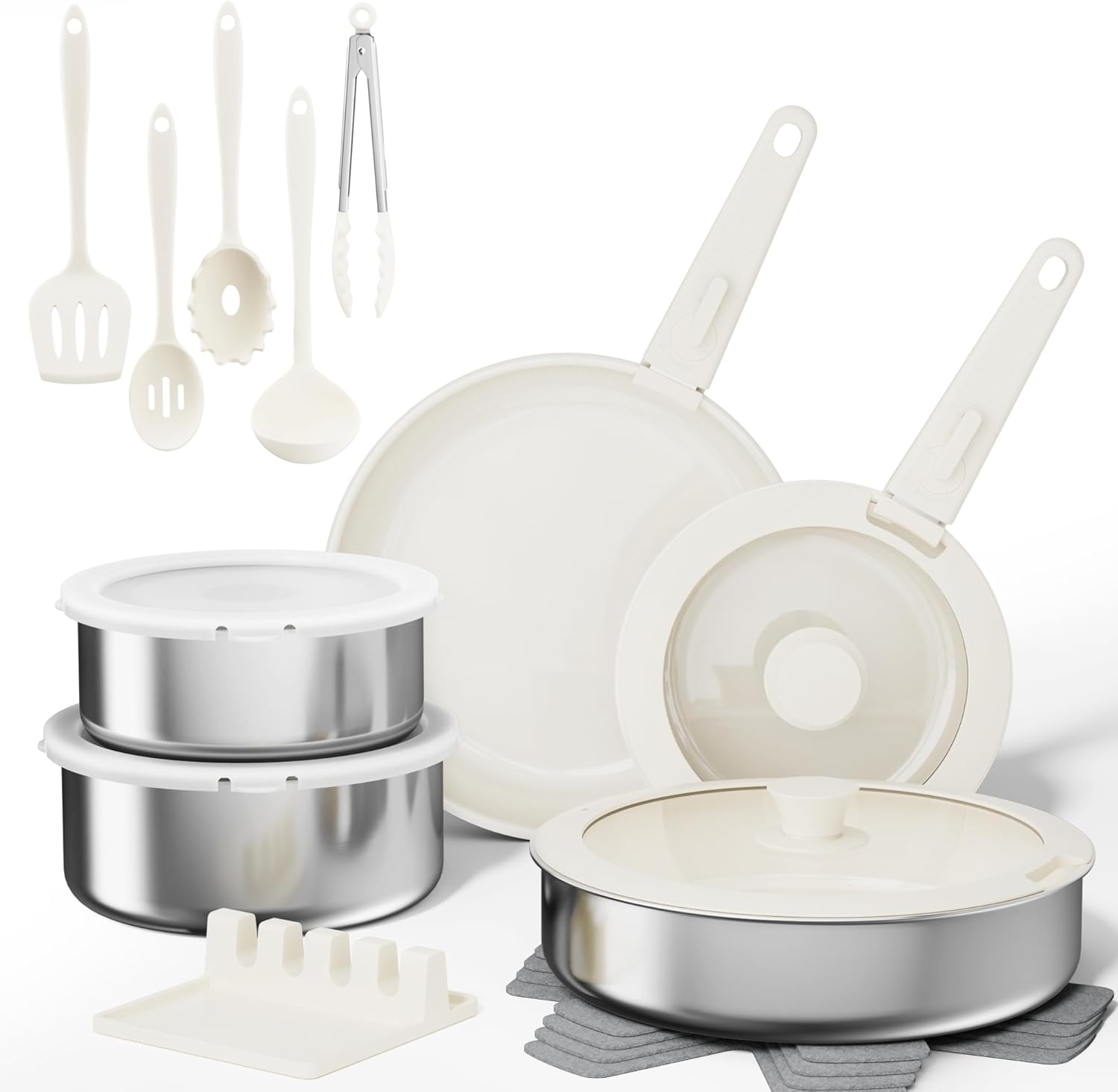 Sanho 21-Piece Pots and Pans Set, Ceramic Nonstick Cookware with Detachable Handles