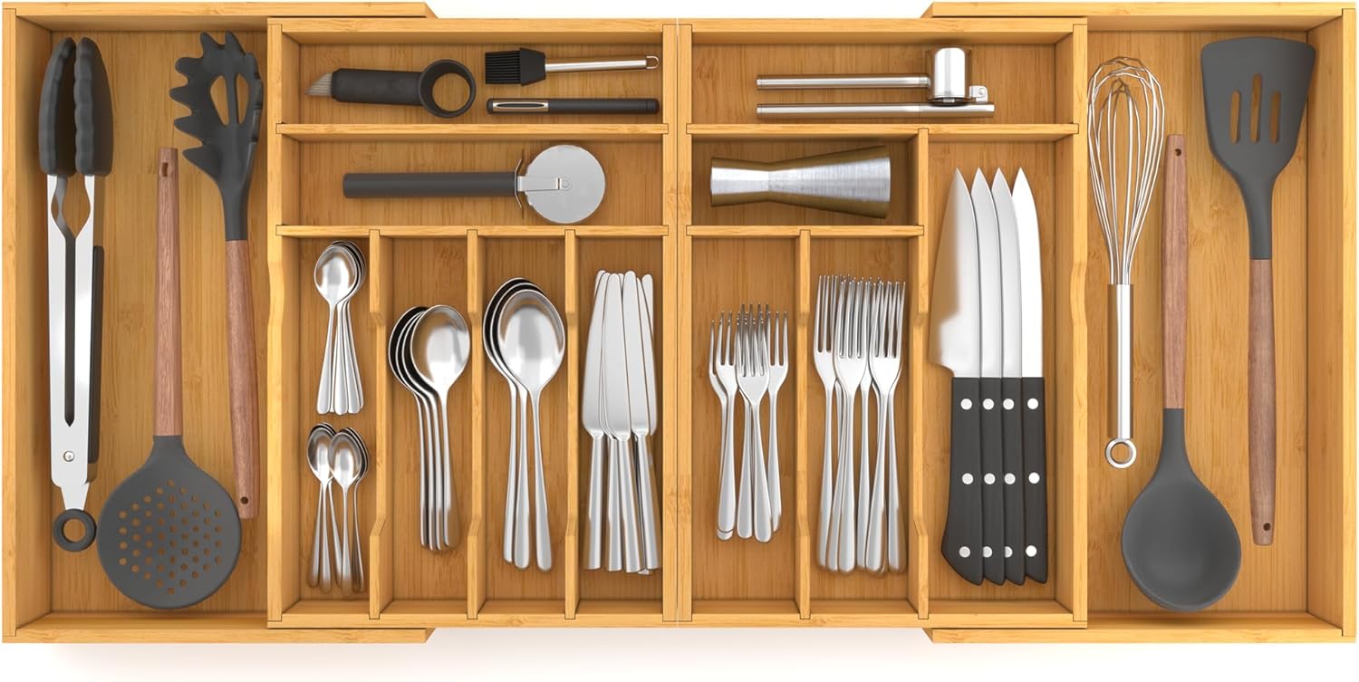 Suli Large Silverware Drawer Organizer, Adjustable Kitchen Flatware for Forks Knives and Spoons