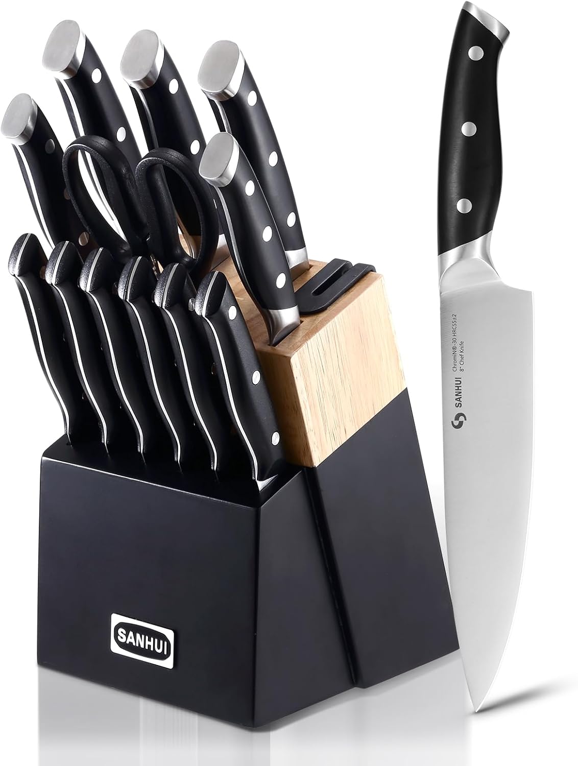 13 Pieces Knife Set with Wooden Block – Built-in Sharpener, High Carbon Stainless Steel 