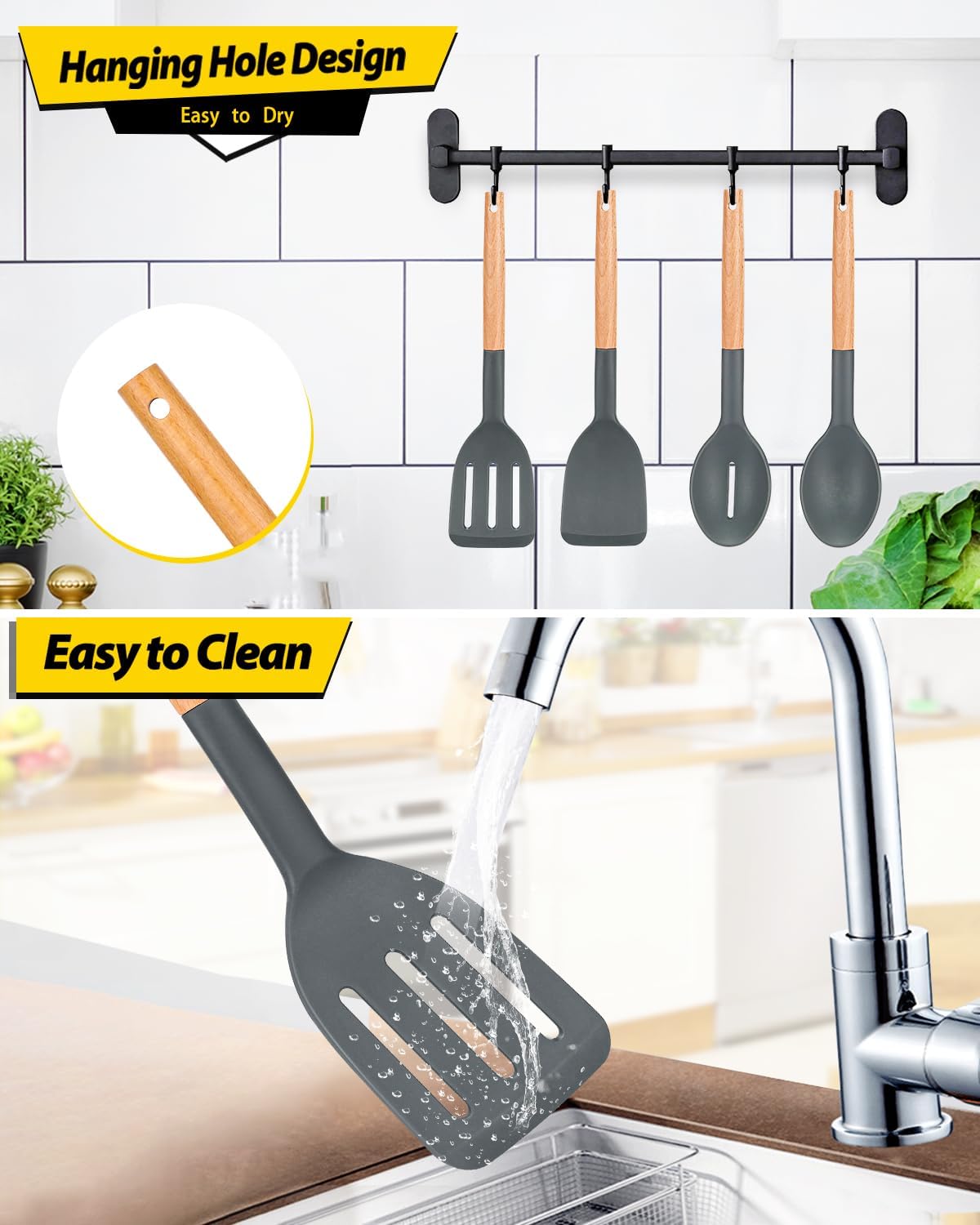 Pack of 4 Silicone Cooking Utensils Set, Non Stick Solid Spatulas and Heat Resistant Slotted Spoons with Wooden Handle
