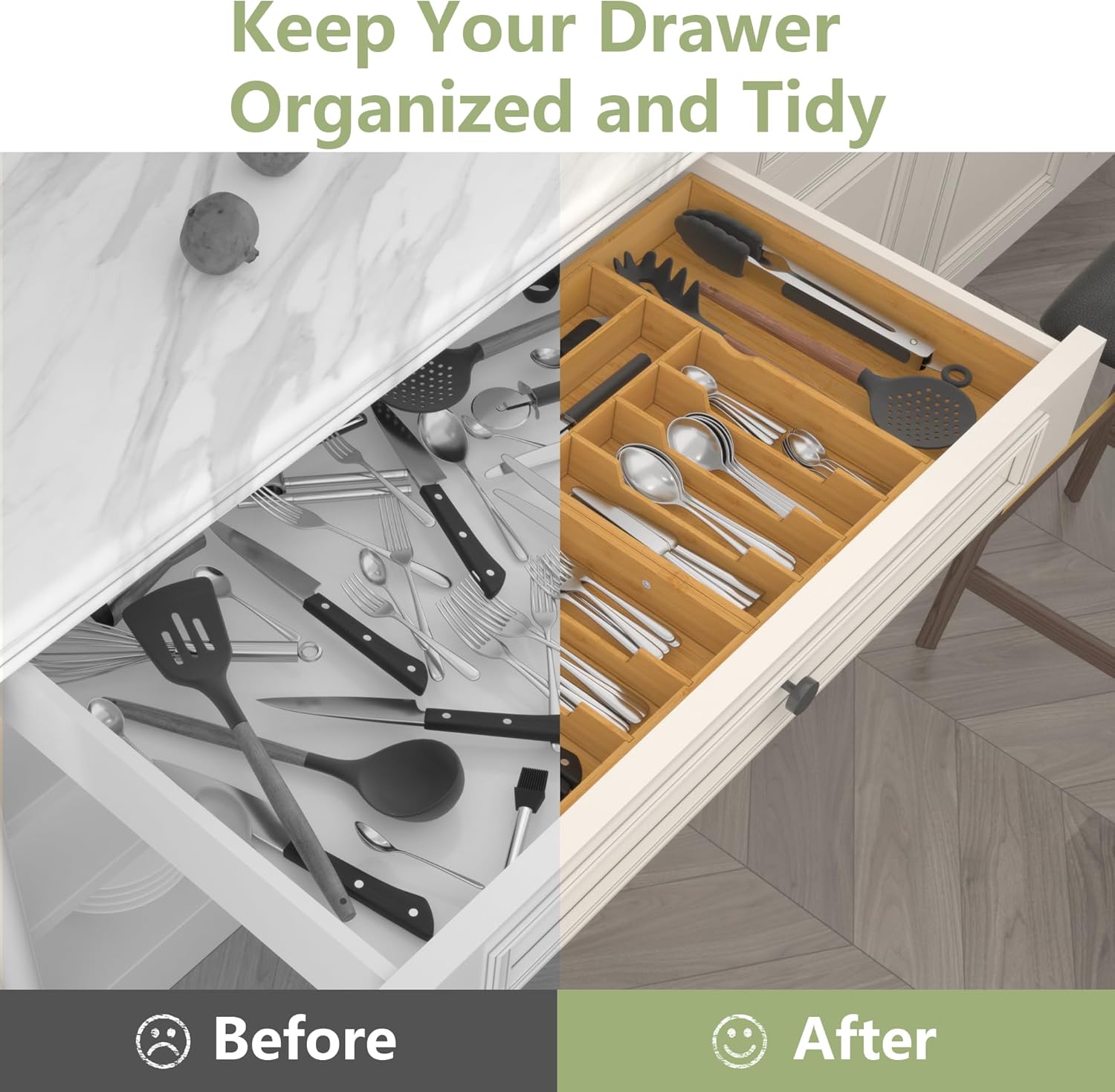 Suli Large Silverware Drawer Organizer, Adjustable Kitchen Flatware for Forks Knives and Spoons