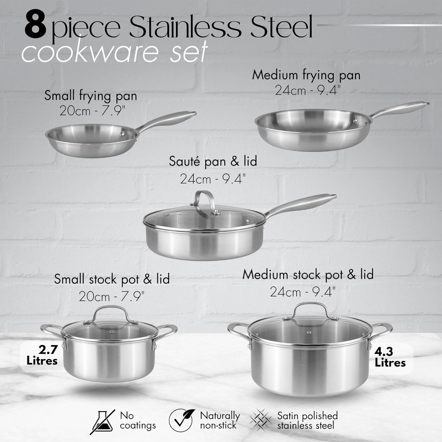 Stainless Steel Pots and Pans Set – 8pcs Cookware with Glass Lids 